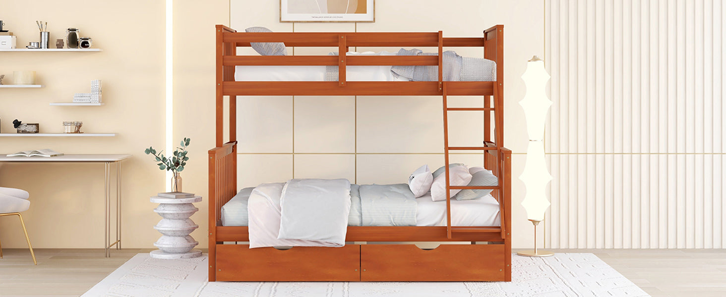 Twin Over Full Bunk Bed With Ladders And Two Storage Drawers Walnut Old Sku:Lt000165Aad Twin Walnut Solid Wood