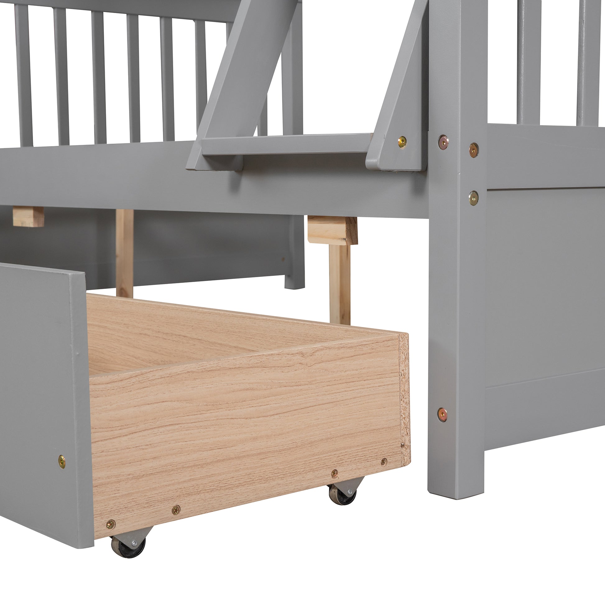 Twin Over Full Bunk Bed With Ladders And Two Storage Drawers Gray Old Sku:Lt000165Aae Twin Gray Solid Wood