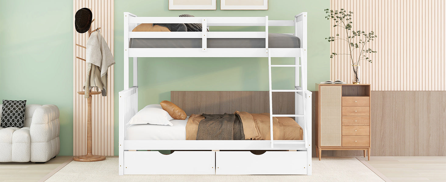 Twin Over Full Bunk Bed With Ladders And Two Storage Drawers White Old Sku:Lt000165Aak Twin White Solid Wood