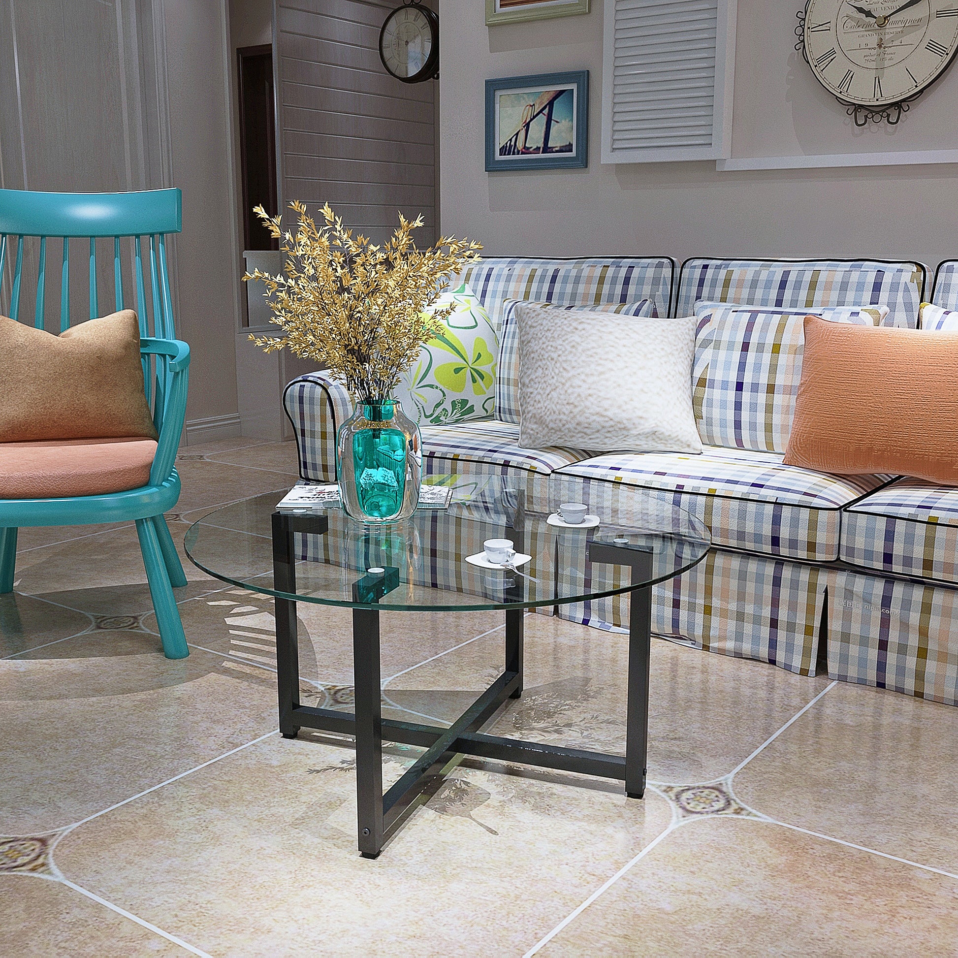 Round Transparent Glass Black Leg Coffee Table, Clear Coffee Table Modern Side Center Tables For Living Room Living Room Furniture Transparent Glass