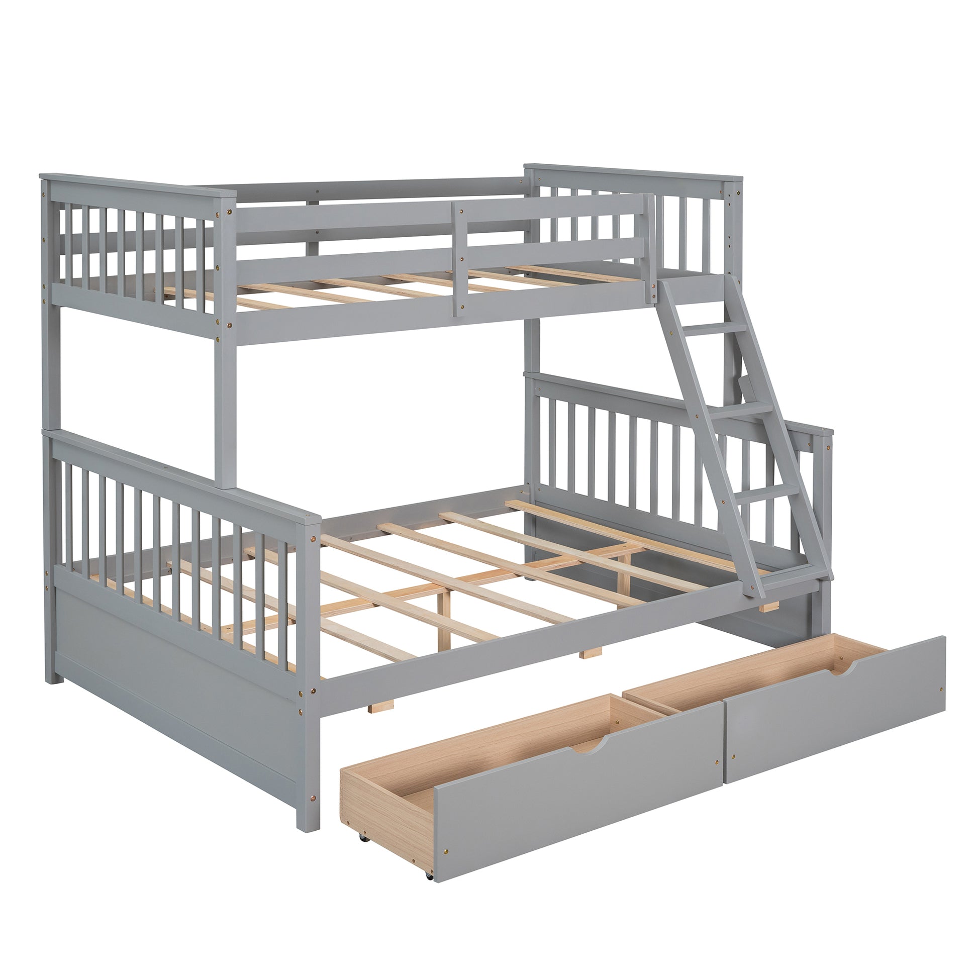 Twin Over Full Bunk Bed With Ladders And Two Storage Drawers Gray Old Sku:Lt000165Aae Twin Gray Solid Wood