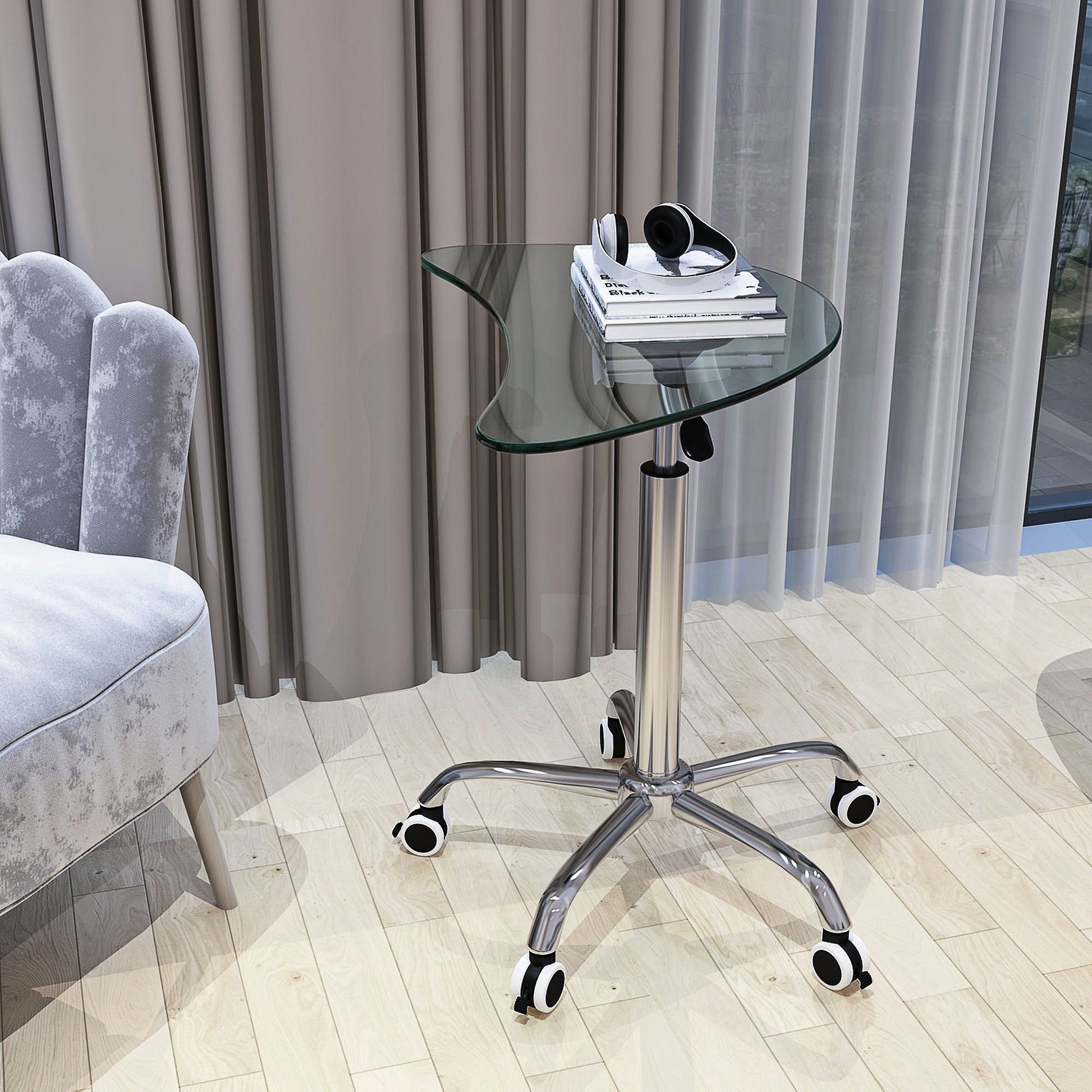 Adjustable Height Transparent Tempered Glass Table Desk Table With Lockable Wheels Adjustable Range 24.2 " 32.7 " Transparent Glass