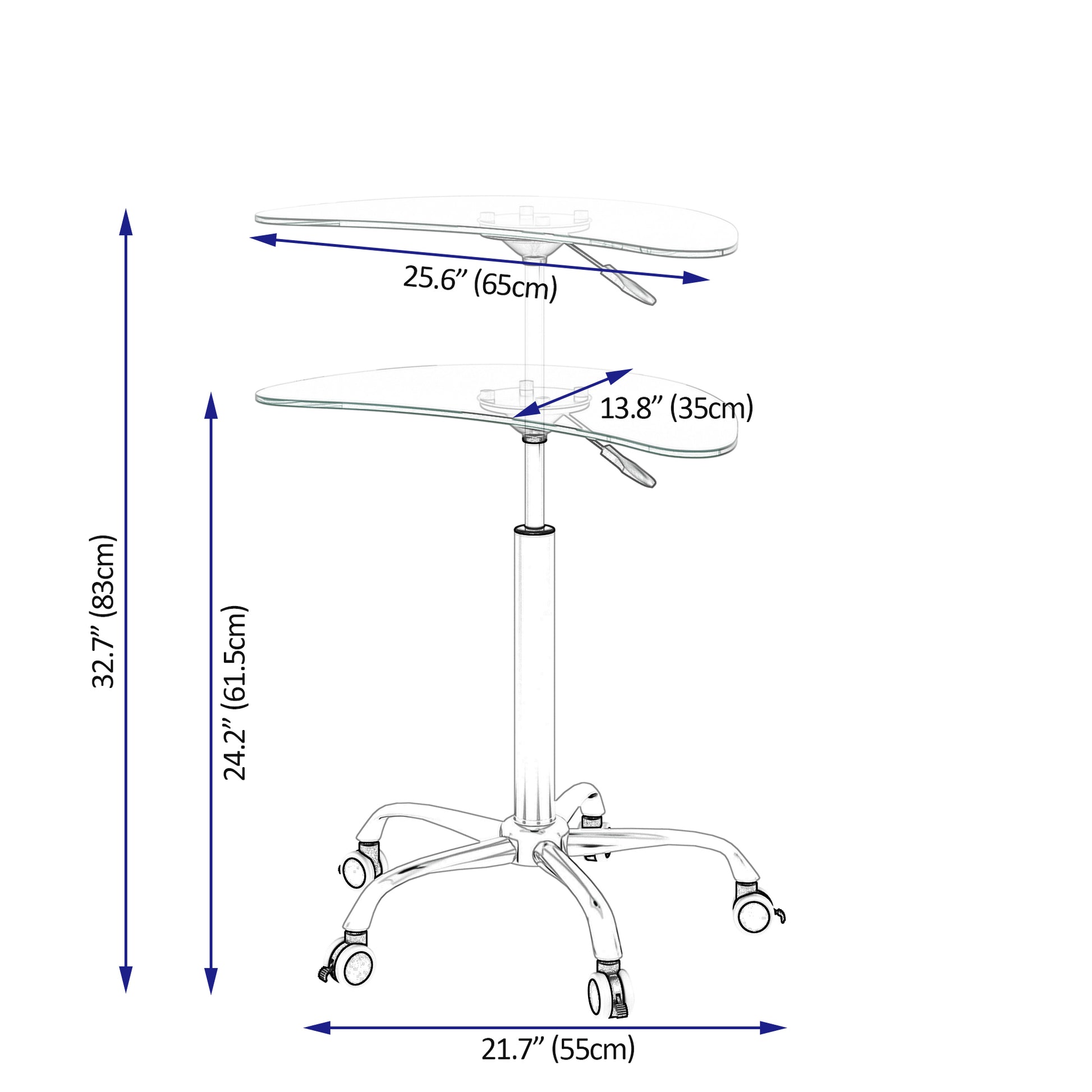 Adjustable Height Transparent Tempered Glass Table Desk Table With Lockable Wheels Adjustable Range 24.2 " 32.7 " Transparent Glass