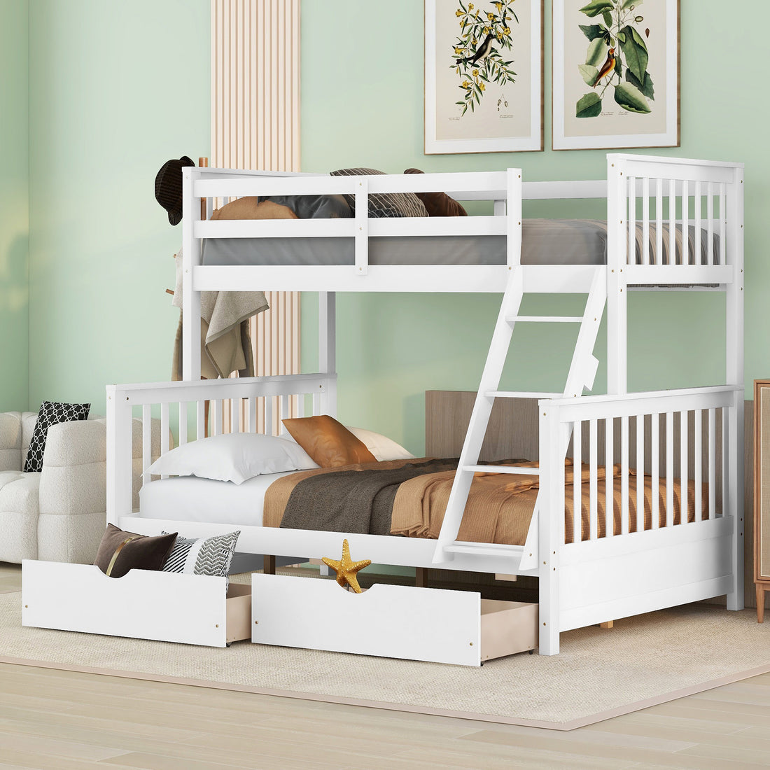 Twin Over Full Bunk Bed With Ladders And Two Storage Drawers White Old Sku:Lt000165Aak Twin White Solid Wood