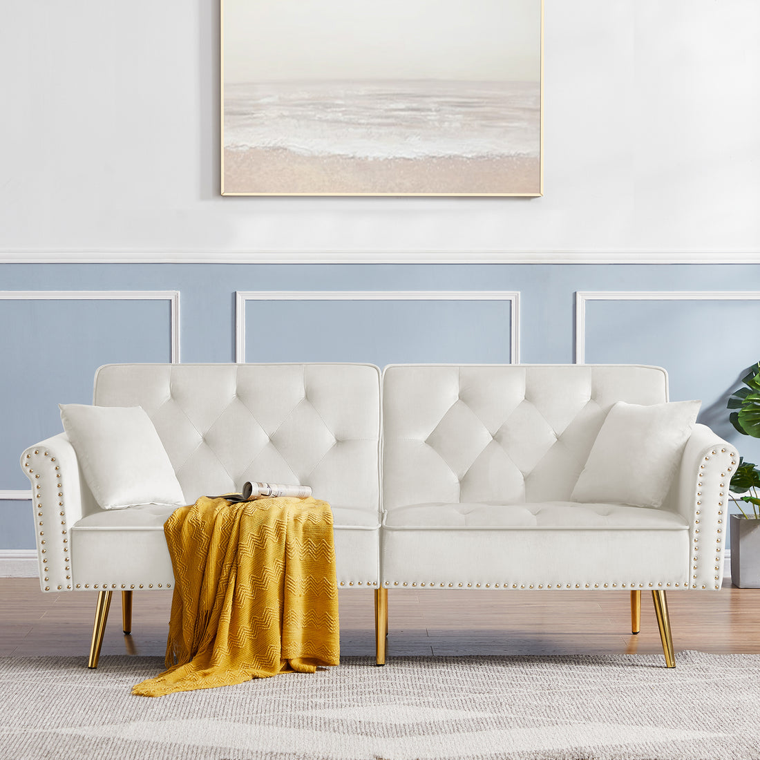 Beige Velvet Tufted Sofa Couch With 2 Pillows And Trim Beige Foam Velvet 2 Seat