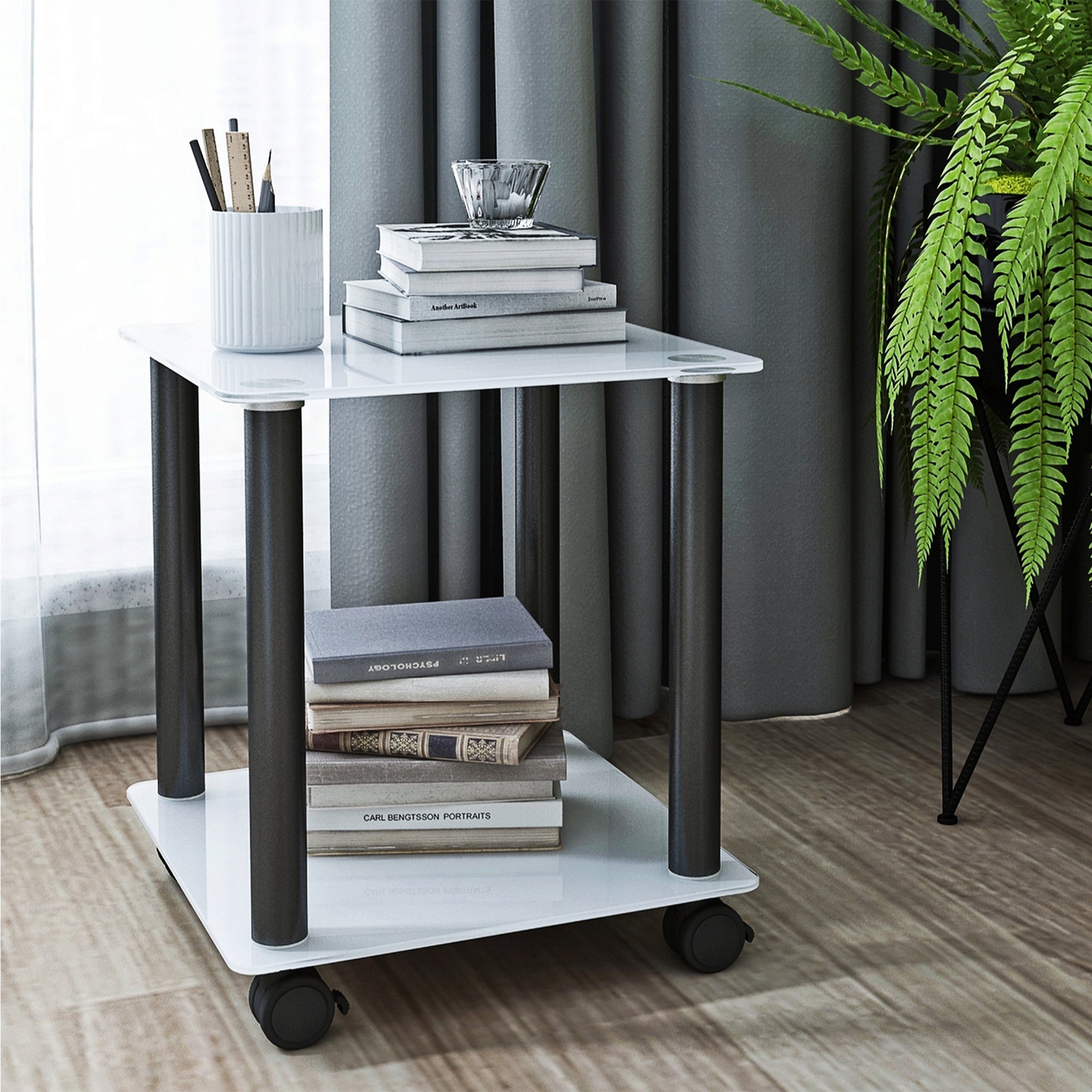 1 Piece White Black Side Table2 Tier Space End Table ,Modern Night Stand, Sofa Table, Side Table With Storage Shelve White Glass