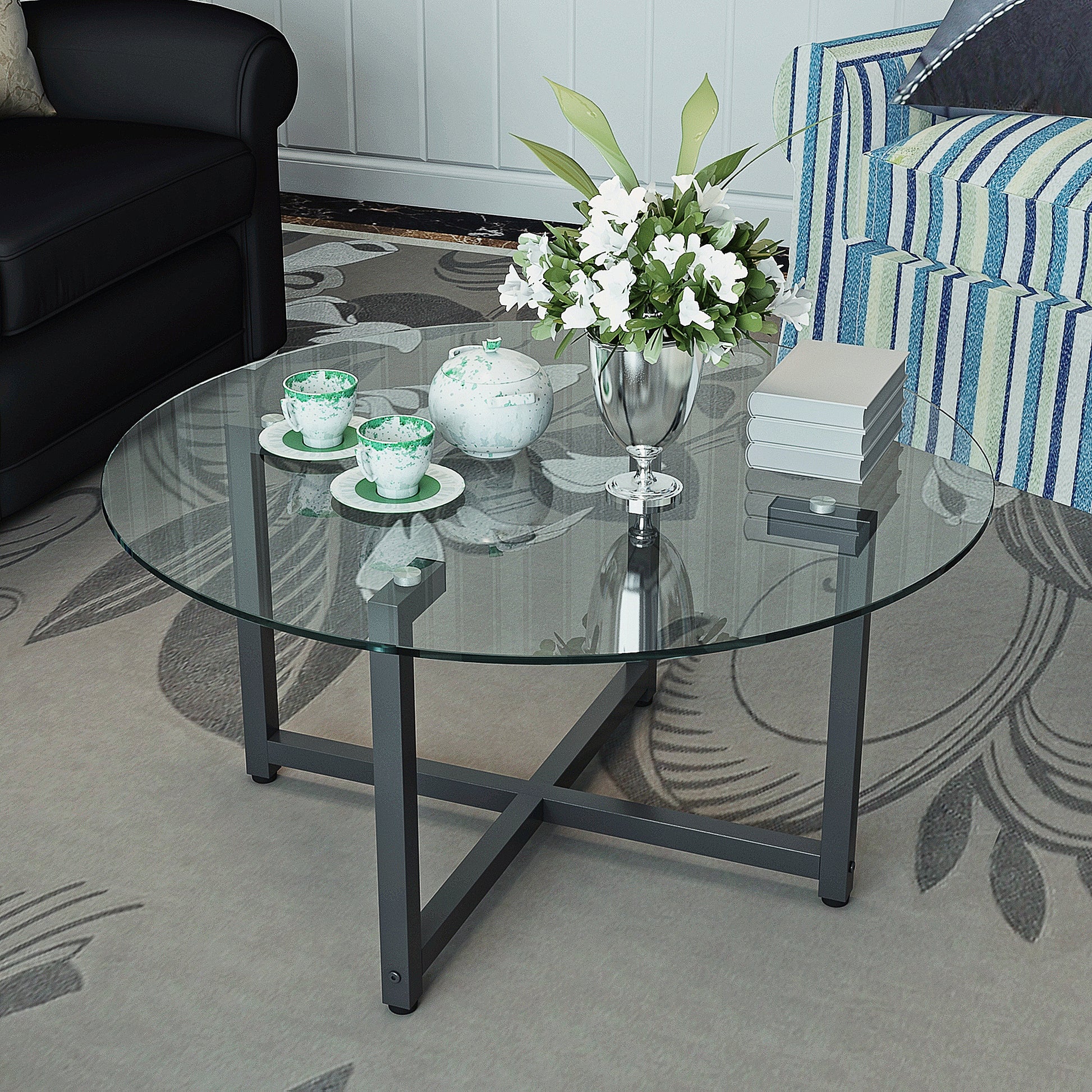 Round Transparent Glass Black Leg Coffee Table, Clear Coffee Table Modern Side Center Tables For Living Room Living Room Furniture Transparent Glass