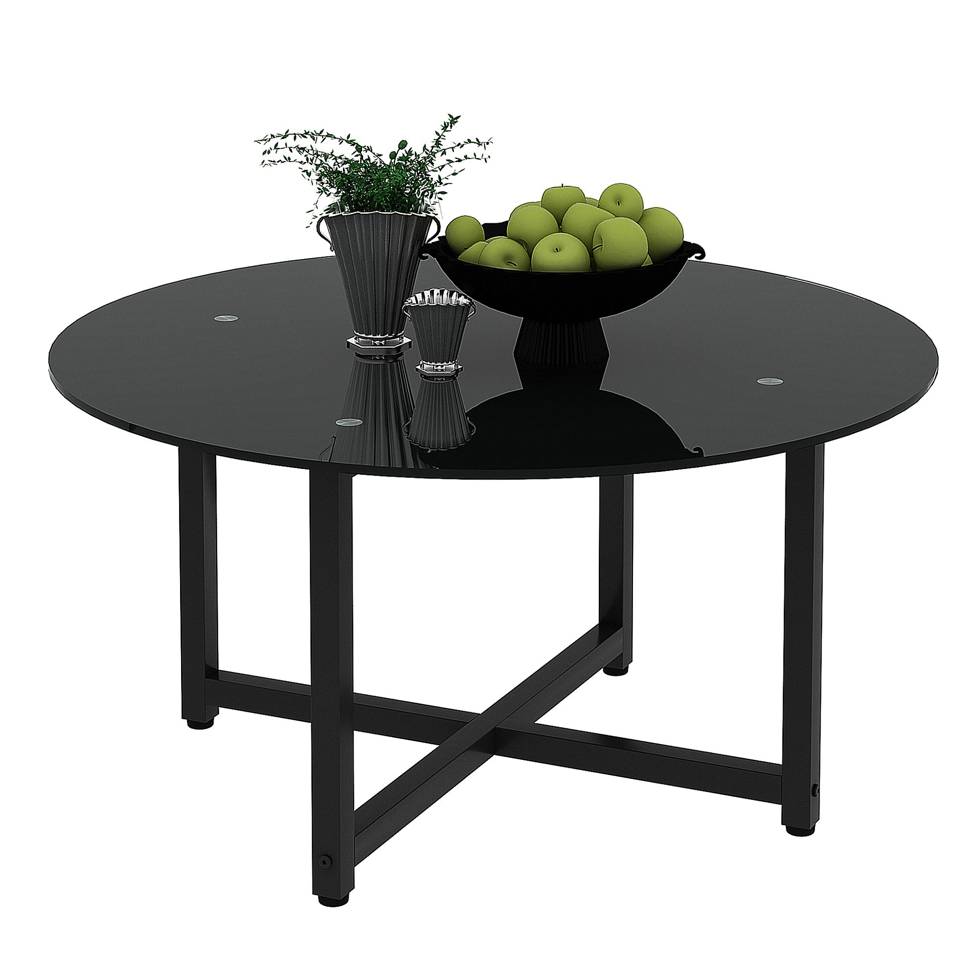 35.5'' Round Whole Black Coffee Table, Clear Coffee Table Modern Side Center Tables For Living Room Living Room Furniture Black Glass