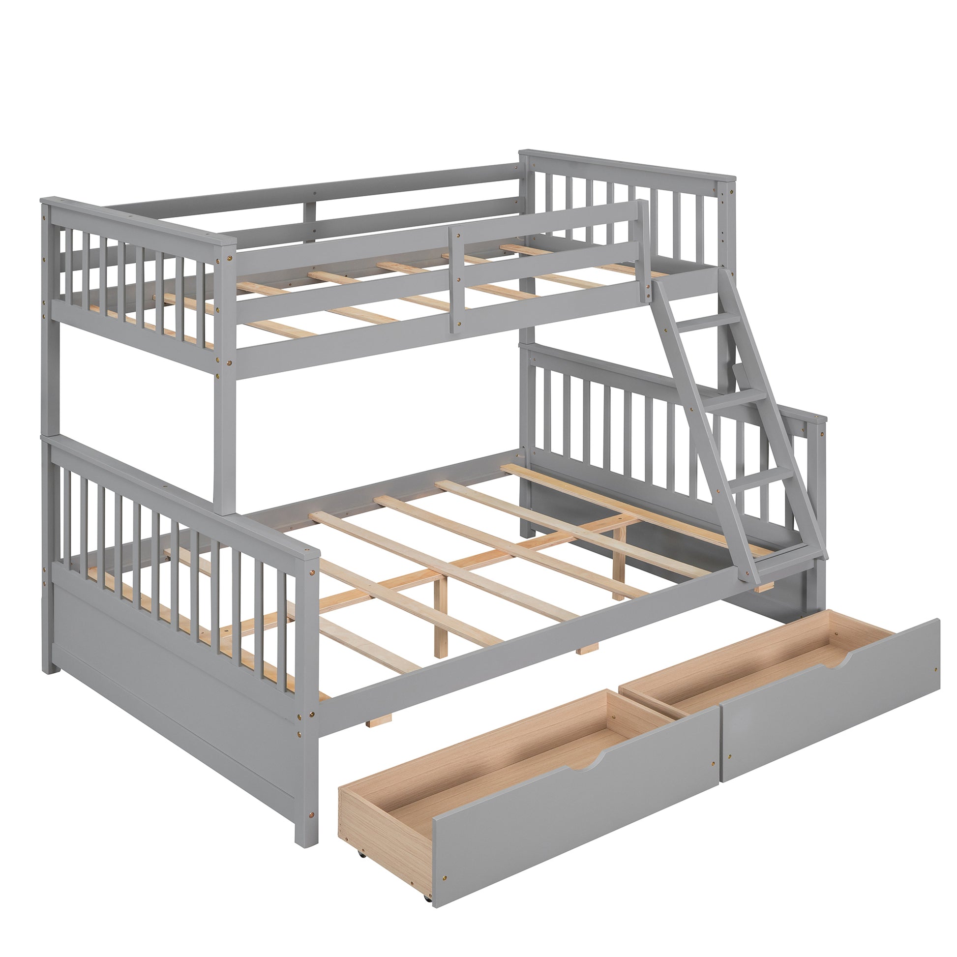 Twin Over Full Bunk Bed With Ladders And Two Storage Drawers Gray Old Sku:Lt000165Aae Twin Gray Solid Wood