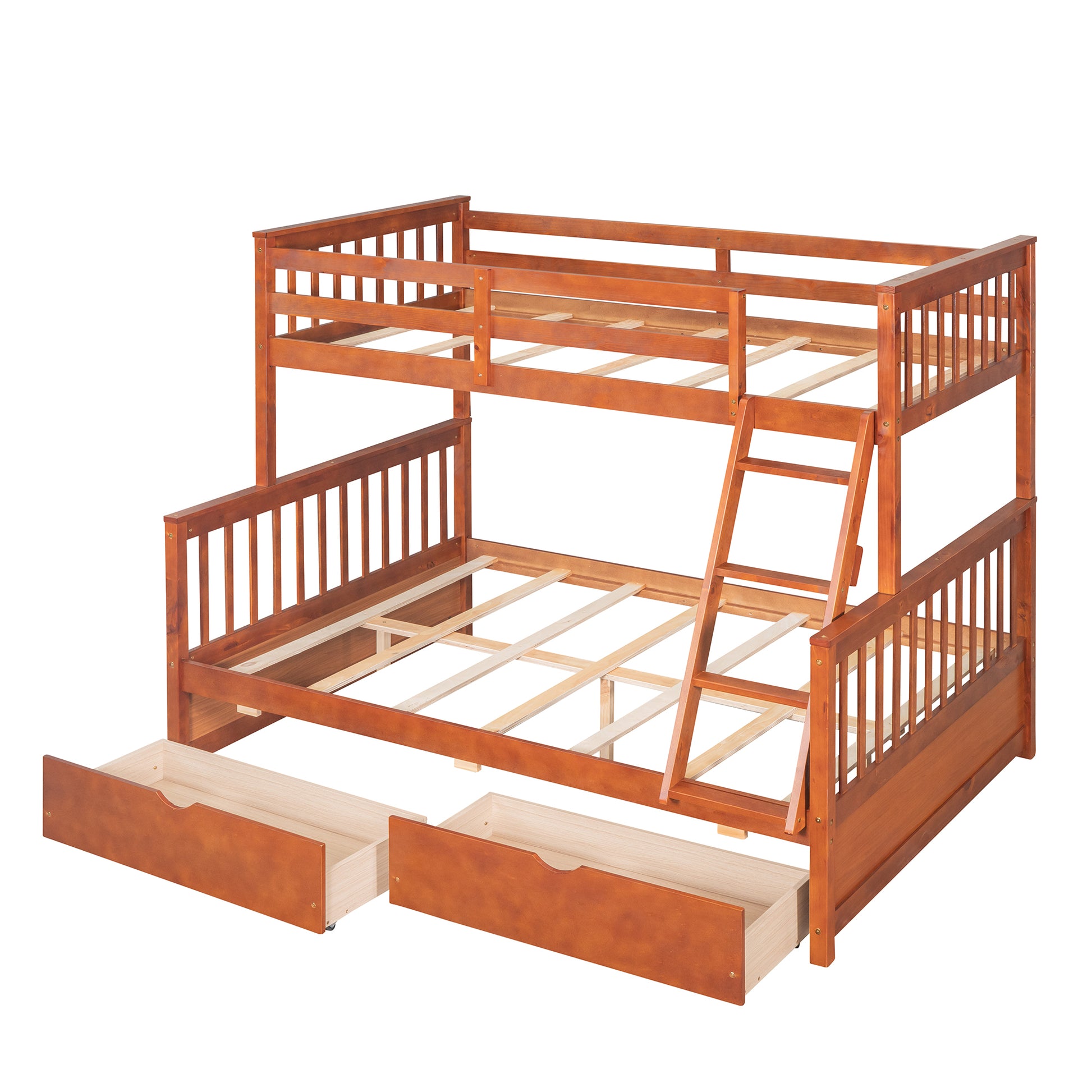 Twin Over Full Bunk Bed With Ladders And Two Storage Drawers Walnut Old Sku:Lt000165Aad Twin Walnut Solid Wood