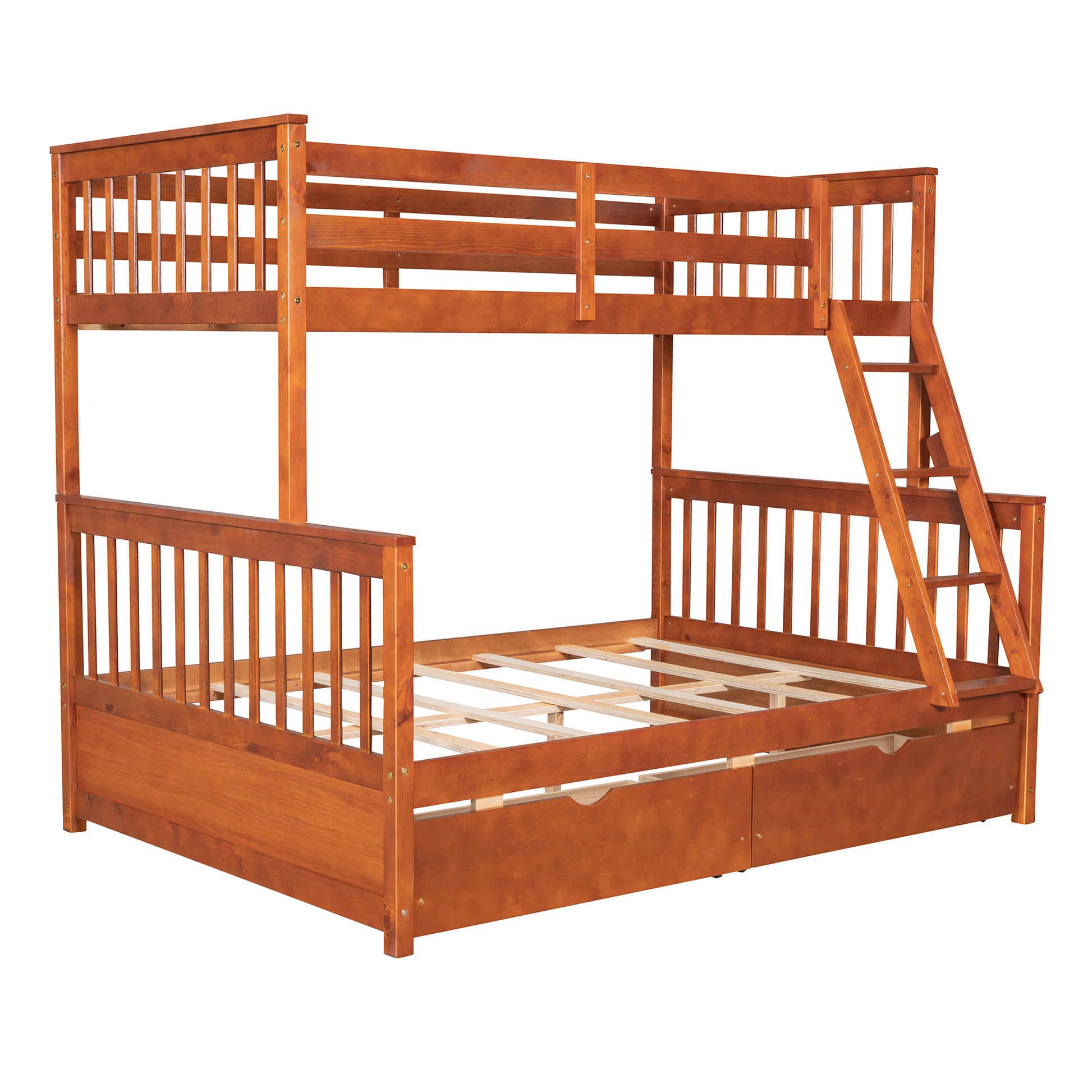 Twin Over Full Bunk Bed With Ladders And Two Storage Drawers Walnut Old Sku:Lt000165Aad Twin Walnut Solid Wood