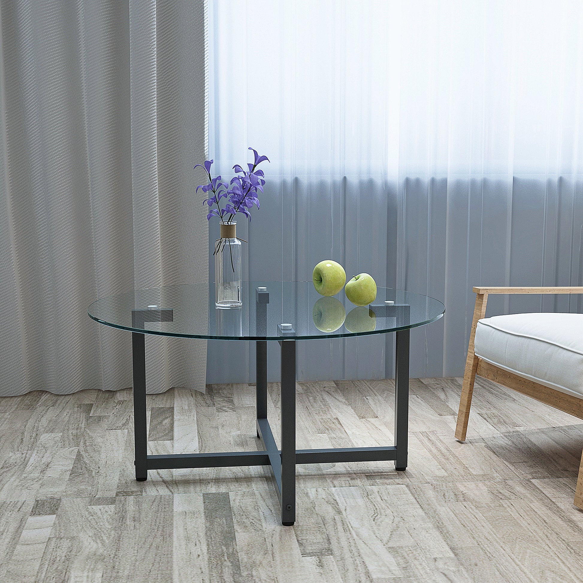 Round Transparent Glass Black Leg Coffee Table, Clear Coffee Table Modern Side Center Tables For Living Room Living Room Furniture Transparent Glass