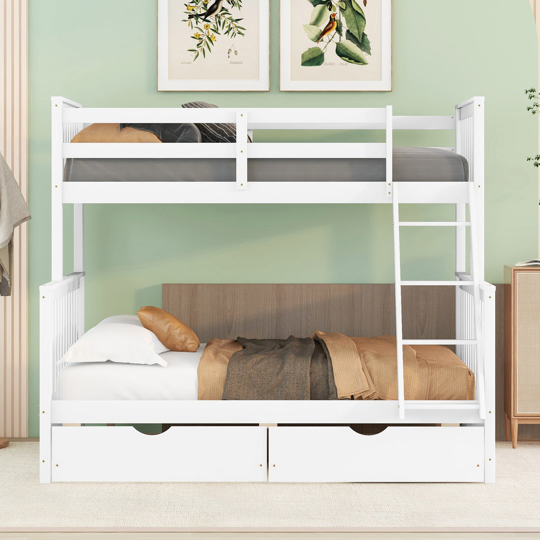 Twin Over Full Bunk Bed With Ladders And Two Storage Drawers White Old Sku:Lt000165Aak Twin White Solid Wood