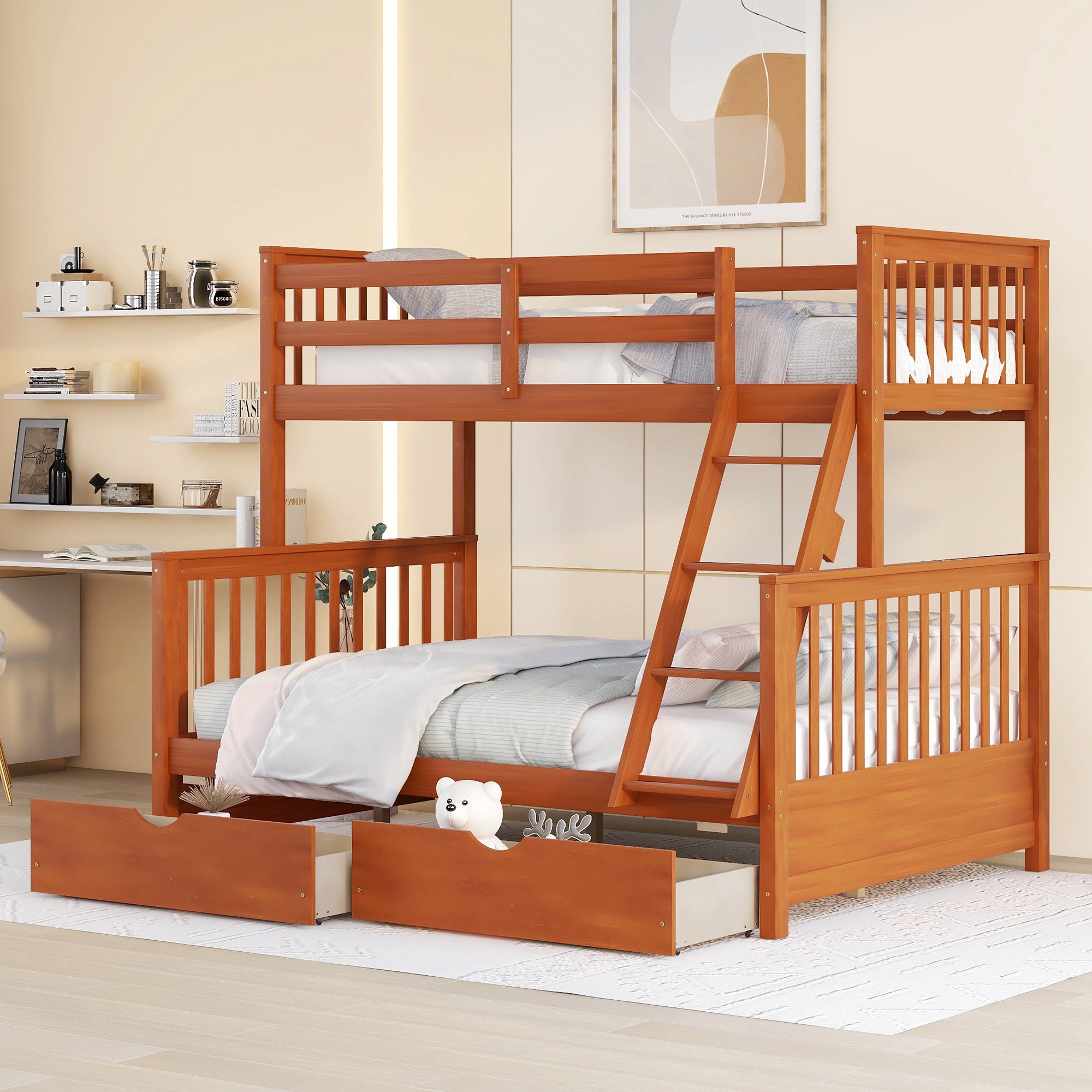 Twin Over Full Bunk Bed With Ladders And Two Storage Drawers Walnut Old Sku:Lt000165Aad Twin Walnut Solid Wood