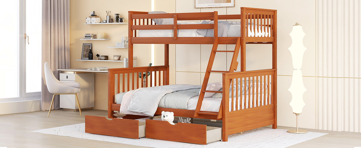 Twin Over Full Bunk Bed With Ladders And Two Storage Drawers Walnut Old Sku:Lt000165Aad Twin Walnut Solid Wood