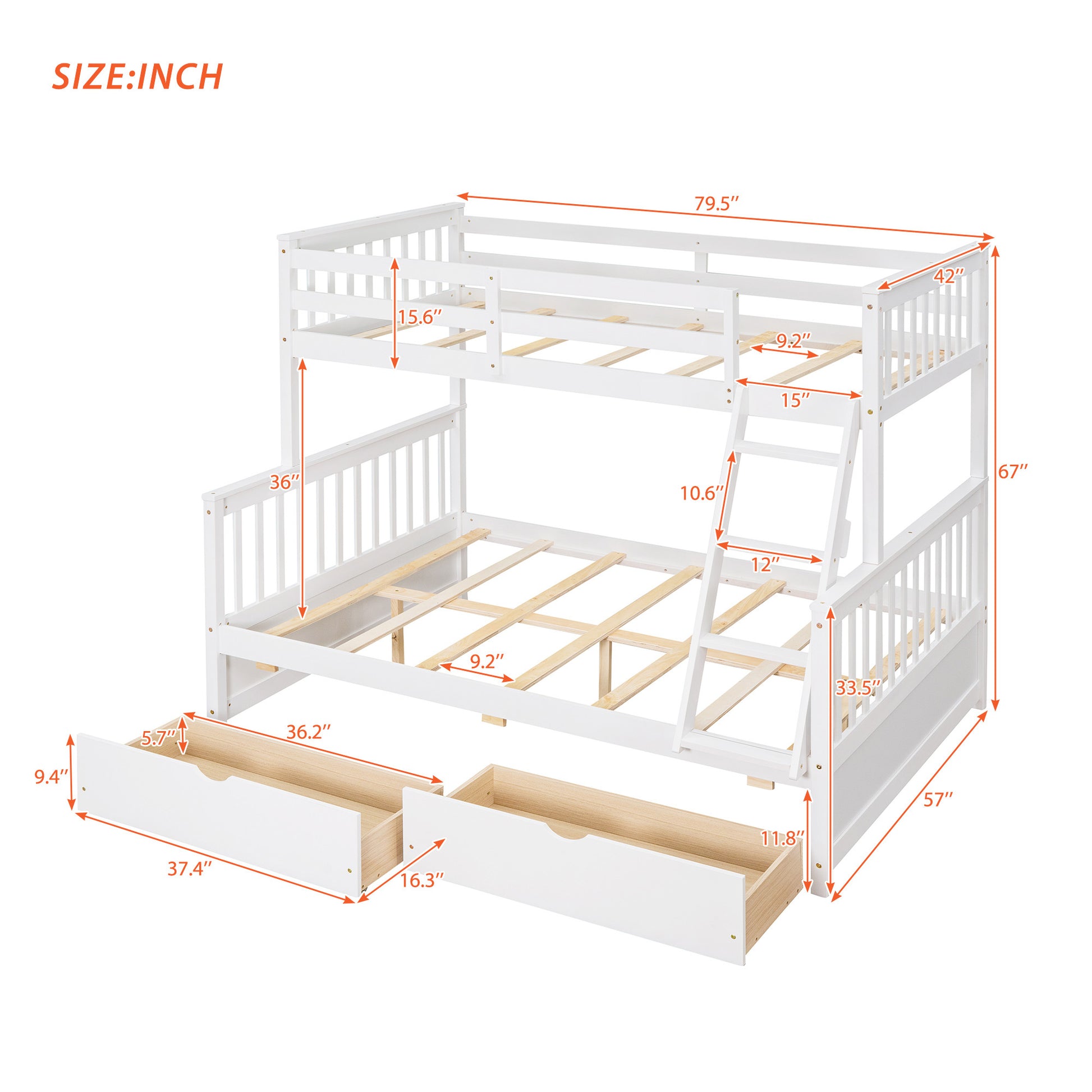 Twin Over Full Bunk Bed With Ladders And Two Storage Drawers White Old Sku:Lt000165Aak Twin White Solid Wood