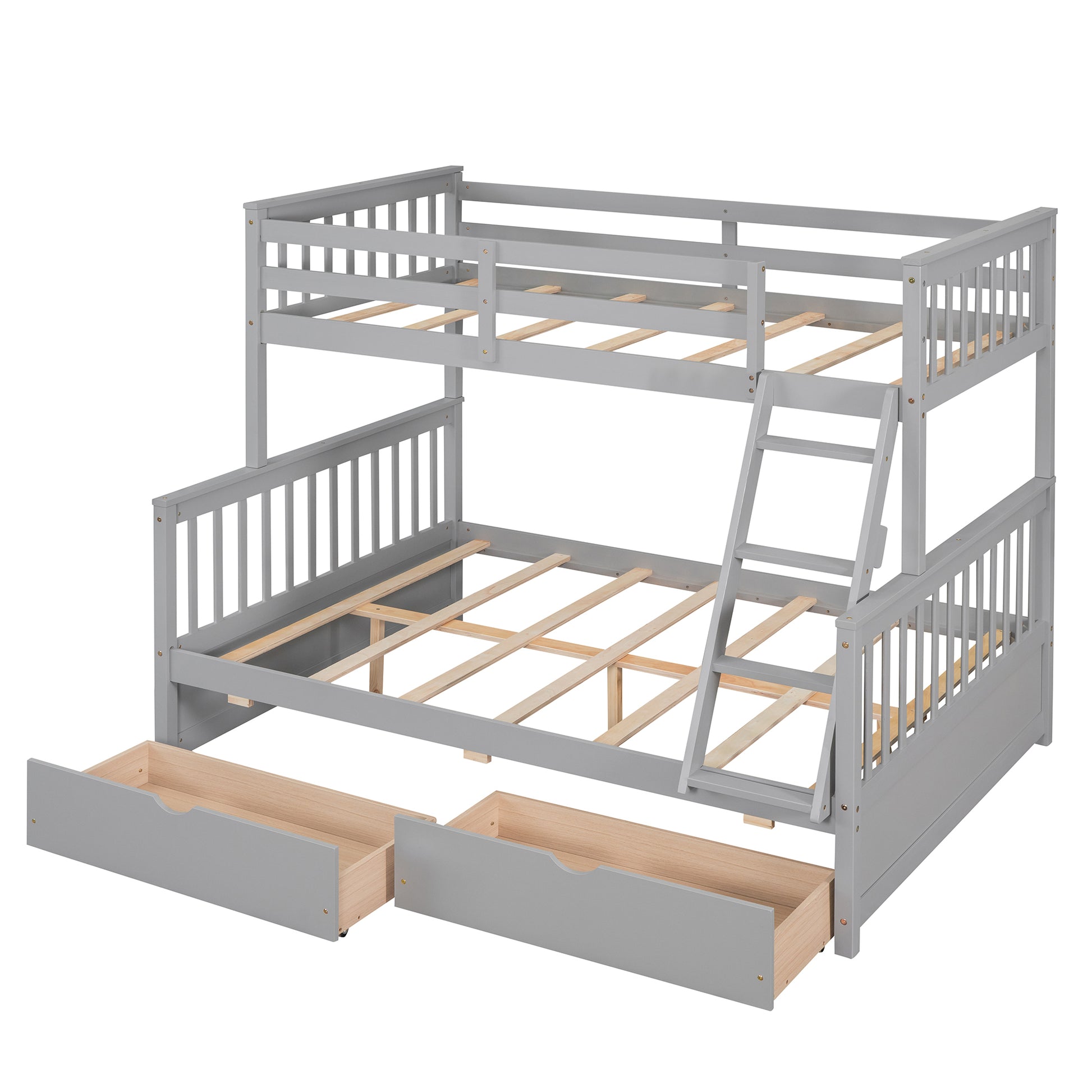 Twin Over Full Bunk Bed With Ladders And Two Storage Drawers Gray Old Sku:Lt000165Aae Twin Gray Solid Wood