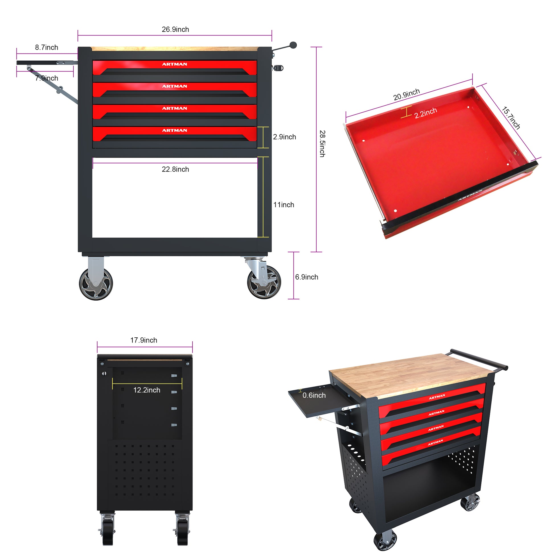 4 Drawers Multifunctional Tool Cart With Wheels And Wooden Top Black Red Metal