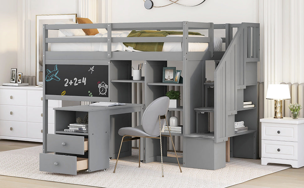 Twin Size Loft Bed With Pullable Desk And Storage Shelves,Staircase And Blackboard,Gray Gray Pine