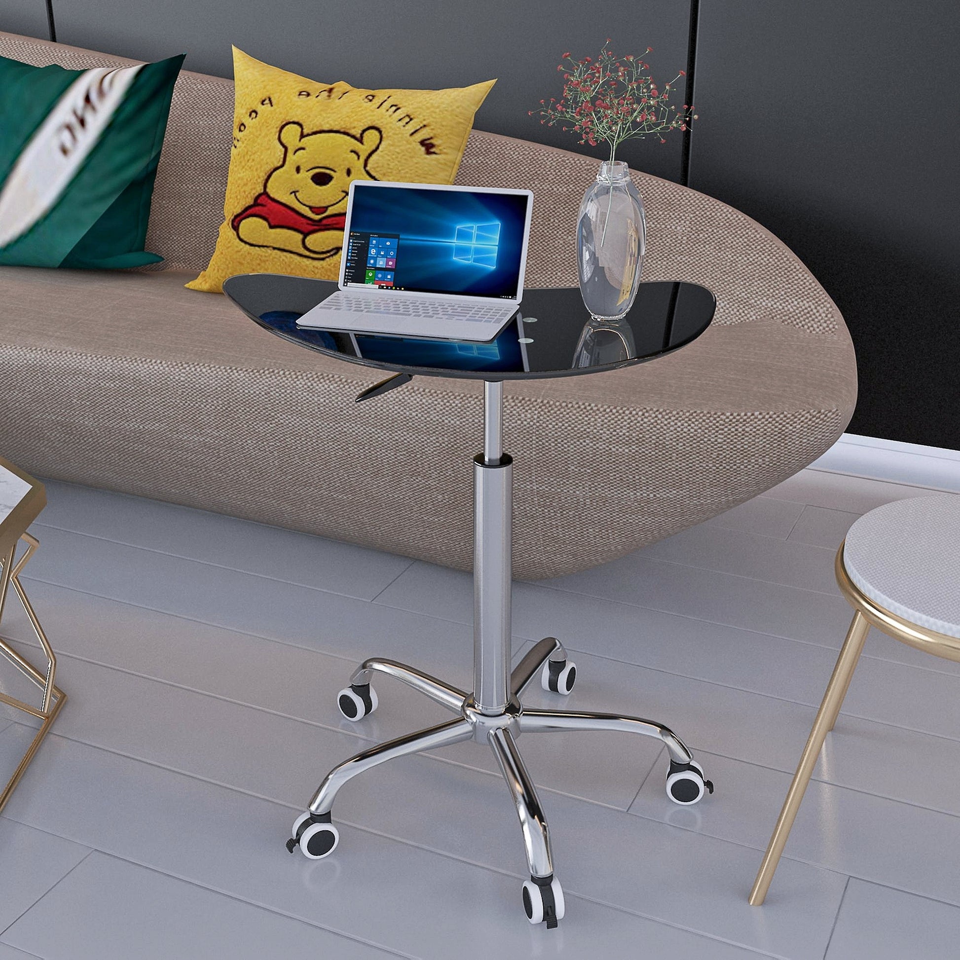 Adjustable Height Black Tempered Glass Table Desk Table With Lockable Wheels Adjustable Range 24.2 " 32.7 " Transparent Glass