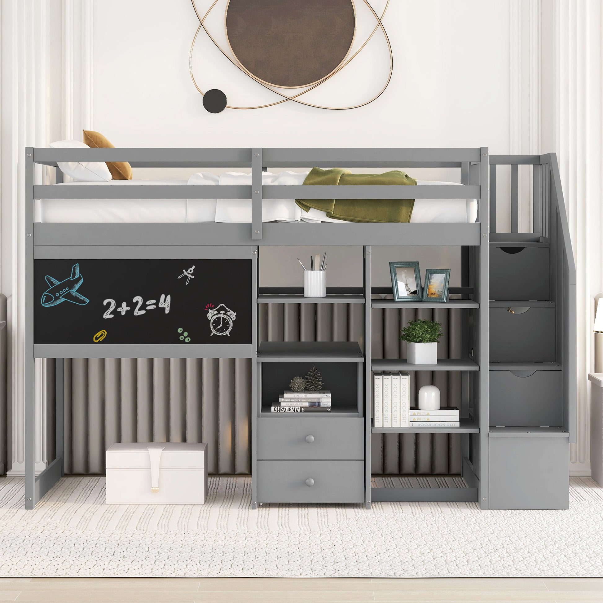 Twin Size Loft Bed With Pullable Desk And Storage Shelves,Staircase And Blackboard,Gray Gray Pine