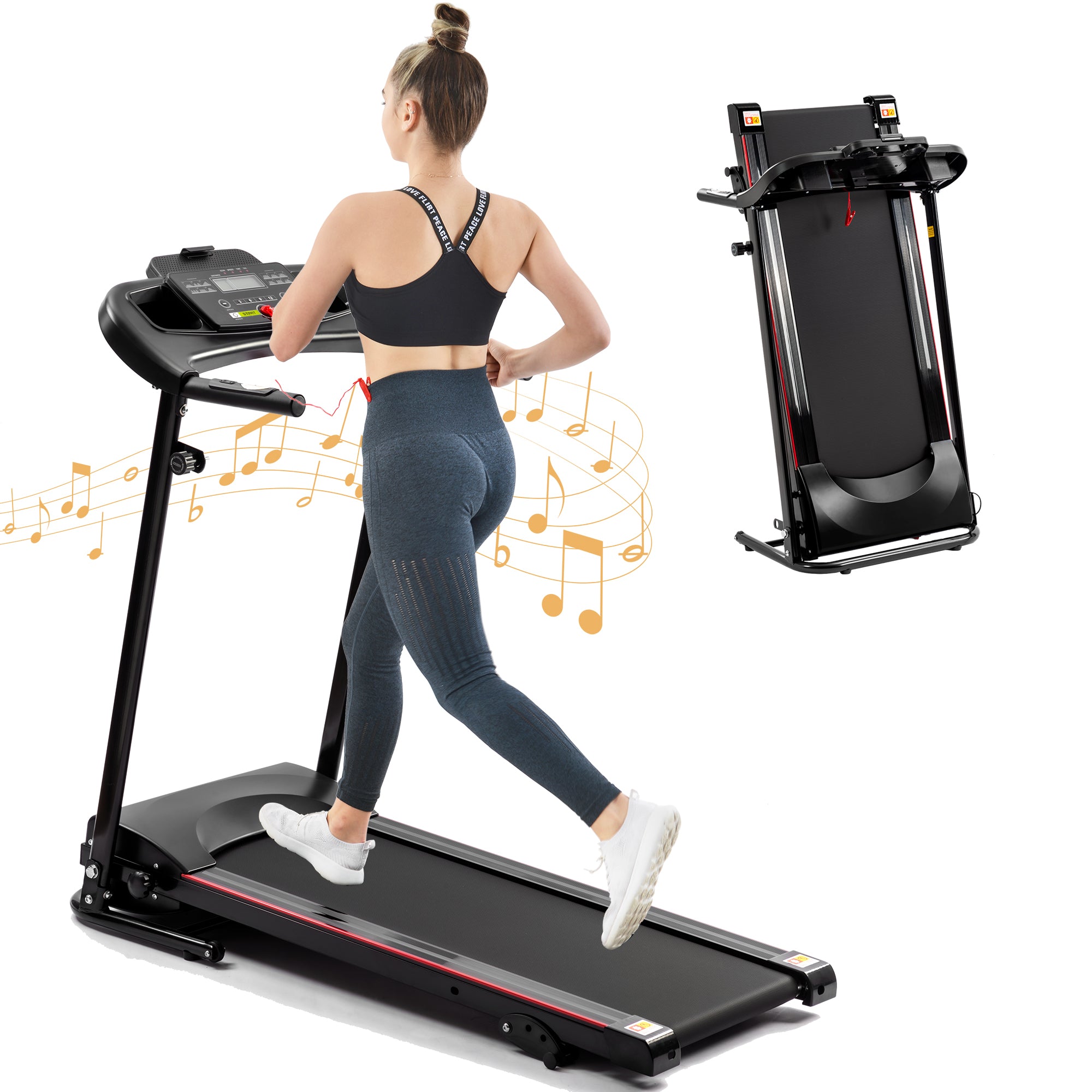 Folding Treadmill With Incline 2.5Hp 12Km H Electric Treadmill For Home Foldable, Bluetooth Music Cup Holder Heart Rate Sensor Walking Running Machine For Indoor Home Gym Exercise Fitness Black Stainless Steel