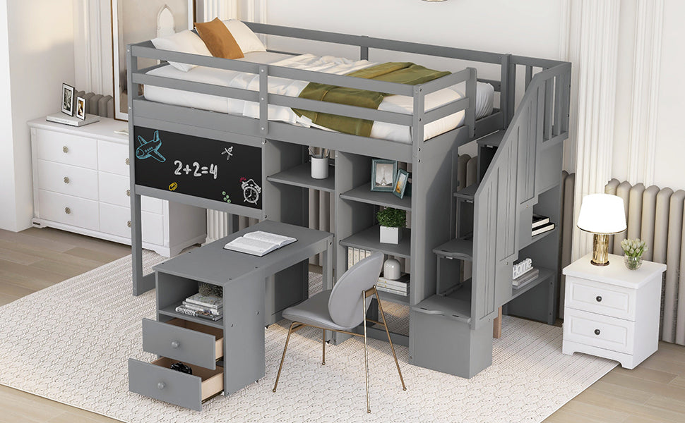 Twin Size Loft Bed With Pullable Desk And Storage Shelves,Staircase And Blackboard,Gray Gray Pine