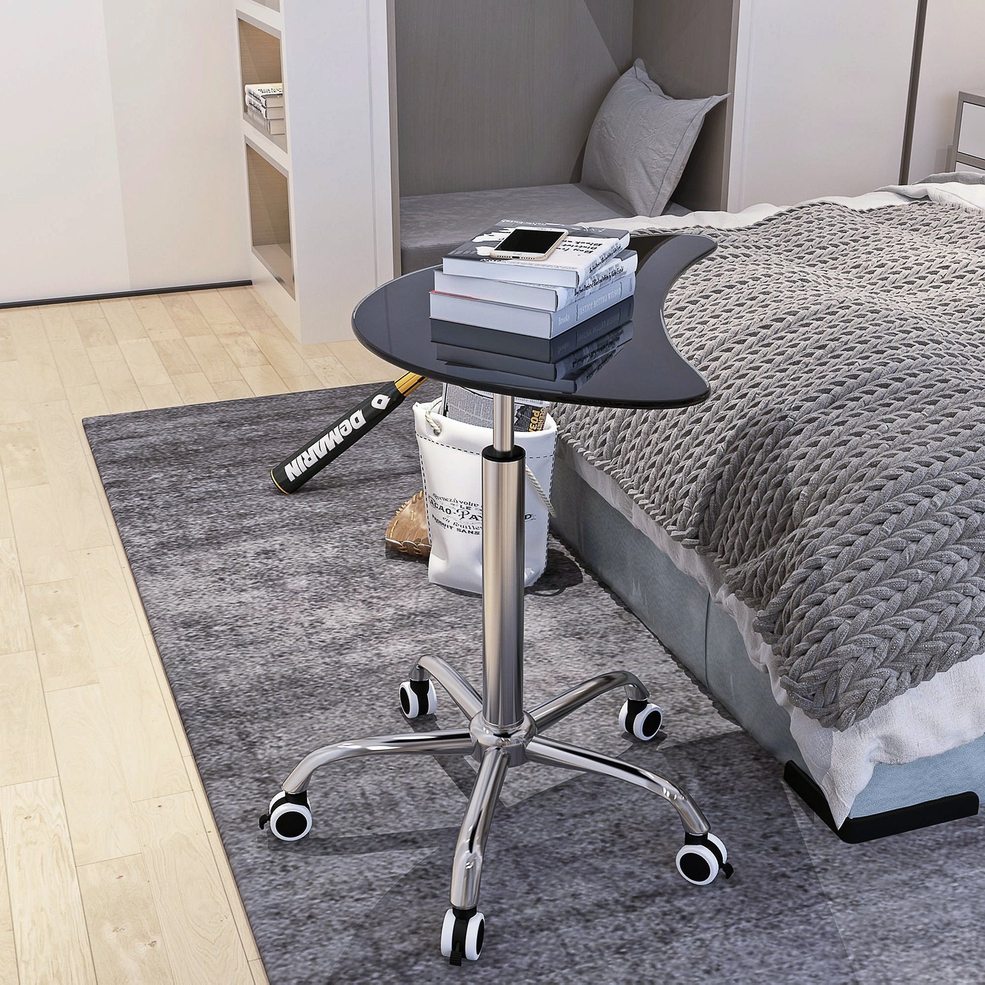 Adjustable Height Black Tempered Glass Table Desk Table With Lockable Wheels Adjustable Range 24.2 " 32.7 " Transparent Glass