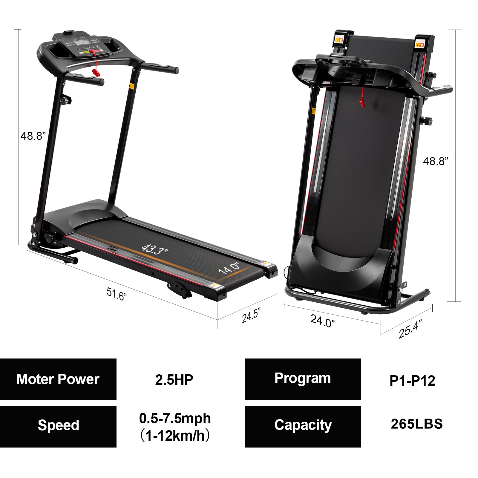 Folding Treadmill With Incline 2.5Hp 12Km H Electric Treadmill For Home Foldable, Bluetooth Music Cup Holder Heart Rate Sensor Walking Running Machine For Indoor Home Gym Exercise Fitness Black Stainless Steel