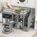 Twin Size Loft Bed With Pullable Desk And Storage Shelves,Staircase And Blackboard,Gray Gray Pine