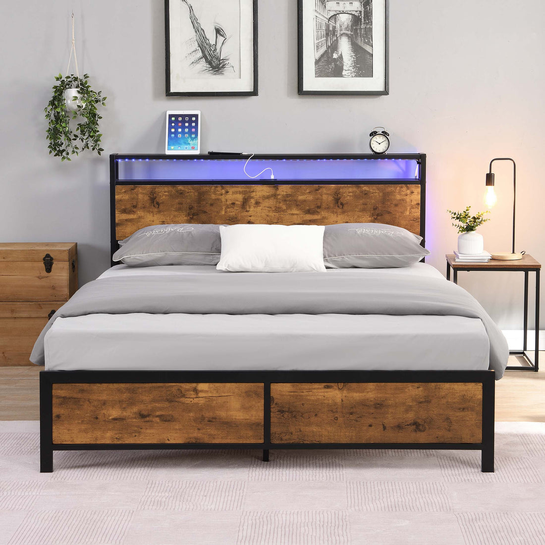 Industrial Full Bed Frame With Led Lights And 2 Usb Ports, Bed Frame Full Size With Storage, Noise Free, No Box Spring Needed, Rustic Brown Antique Brown Metal & Wood