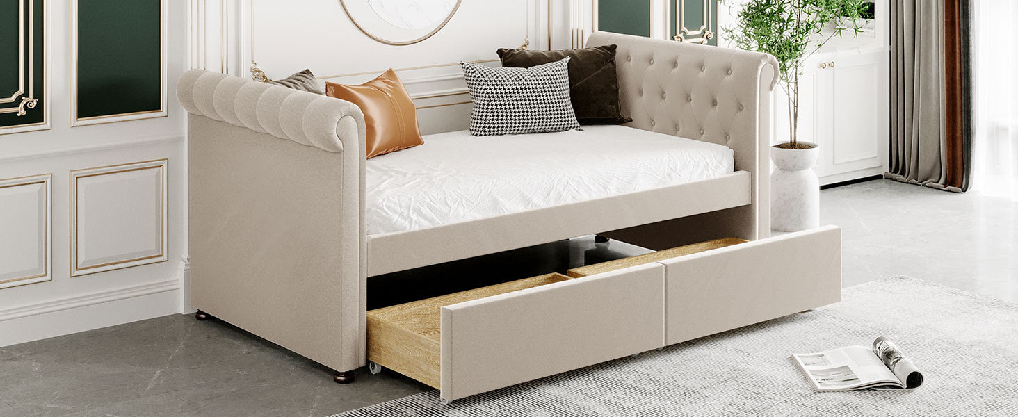 Twin Size Upholstered Daybed With Drawers, Wood Slat Support, Beige Old Sku :Lp000117Aaa Twin Beige Upholstered