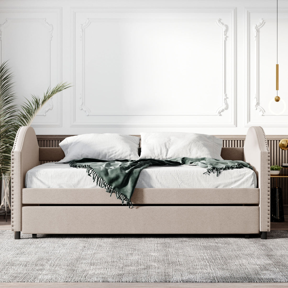 Full Size Upholstered Daybed With Twin Size Trundle, Wood Slat Support, Beige Old Sku :Lp000118Aaa Beige Upholstered