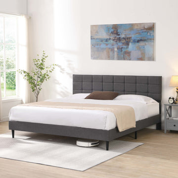 King Size Platform Bed Frame With Fabric Upholstered Headboard And Wooden Slats, No Box Spring Needed Easy Assembly, Dark Grey Grey Metal & Wood