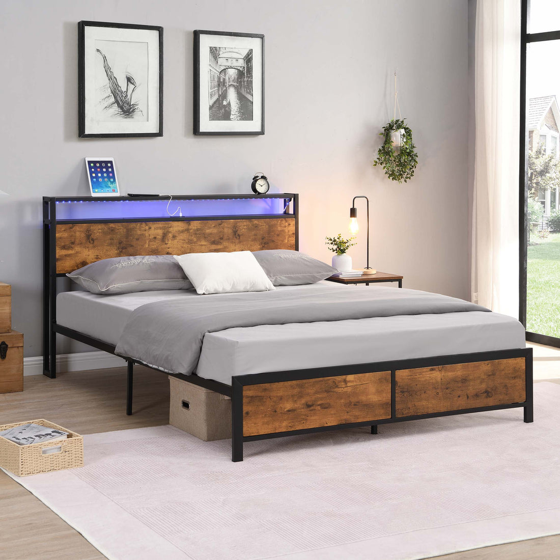 Industrial Full Bed Frame With Led Lights And 2 Usb Ports, Bed Frame Full Size With Storage, Noise Free, No Box Spring Needed, Rustic Brown Antique Brown Metal & Wood