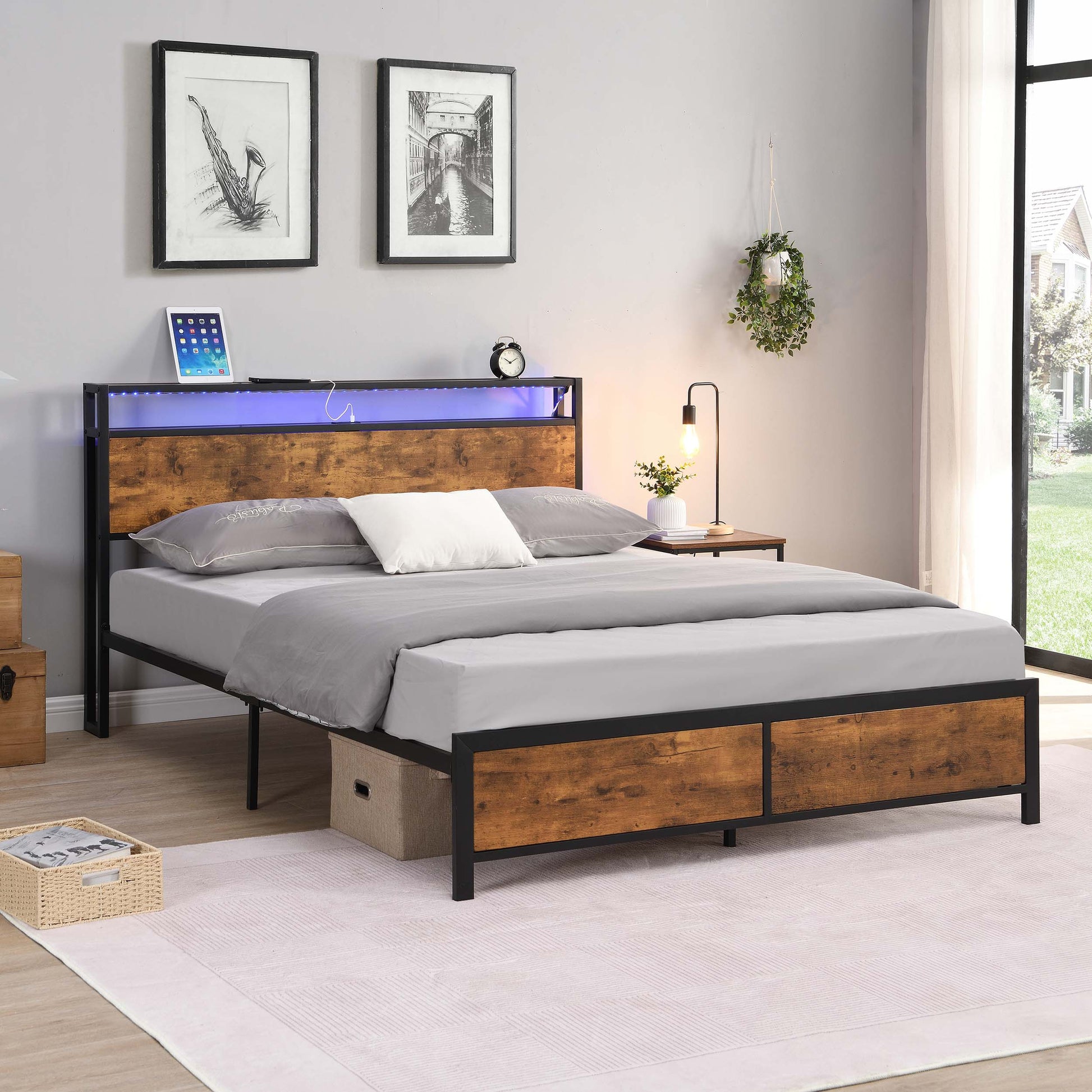 Industrial Full Bed Frame With Led Lights And 2 Usb Ports, Bed Frame Full Size With Storage, Noise Free, No Box Spring Needed, Rustic Brown Antique Brown Metal & Wood