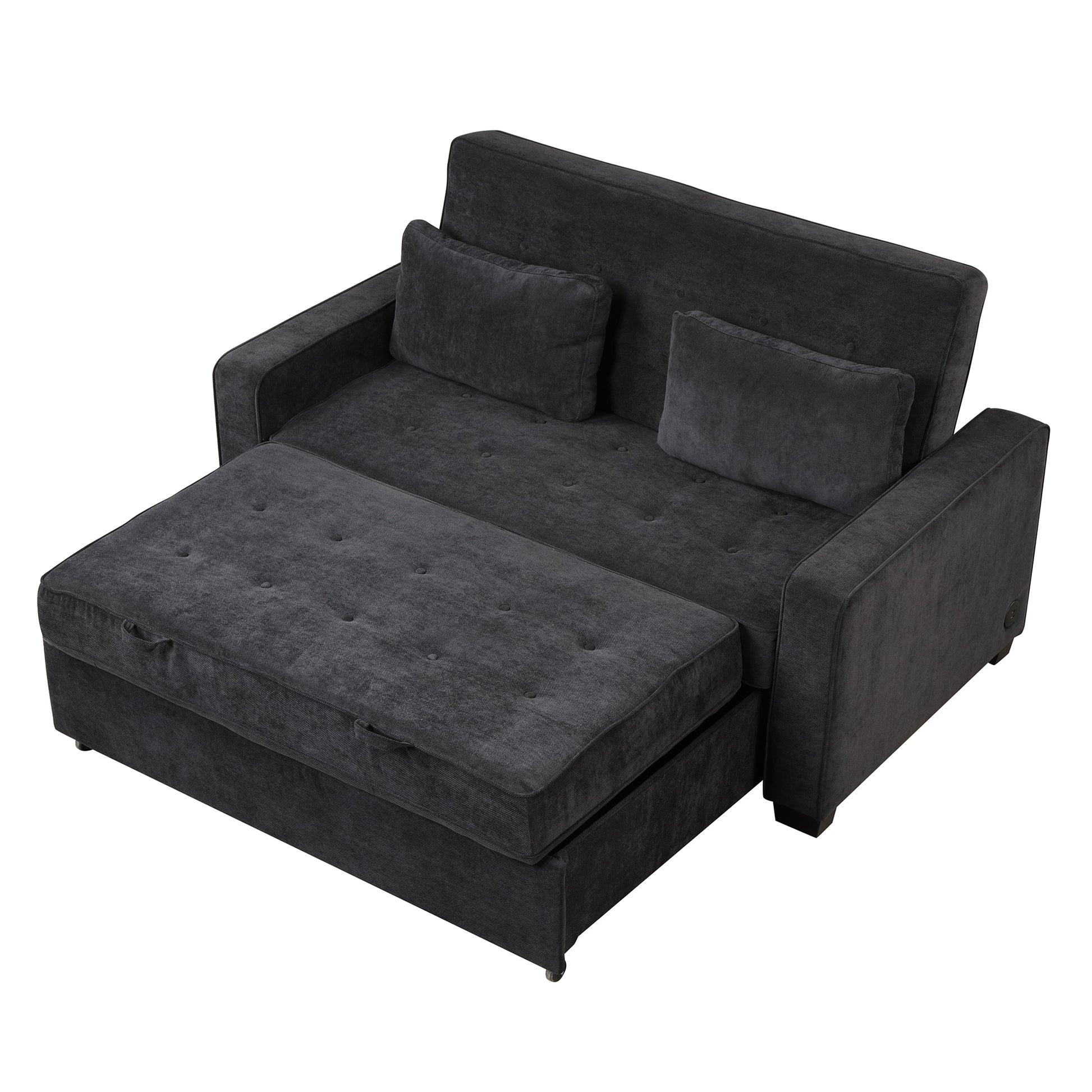 66.5" Upholstered Sleeper Bedpull Out Sofa Bed Couch Attached Two Throw Pillows,Dual Usb Charging Port And Adjustable Backrest For Living Room Space, Black Black Foam Polyester 2 Seat