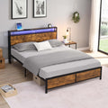 Industrial Full Bed Frame With Led Lights And 2 Usb Ports, Bed Frame Full Size With Storage, Noise Free, No Box Spring Needed, Rustic Brown Antique Brown Metal & Wood