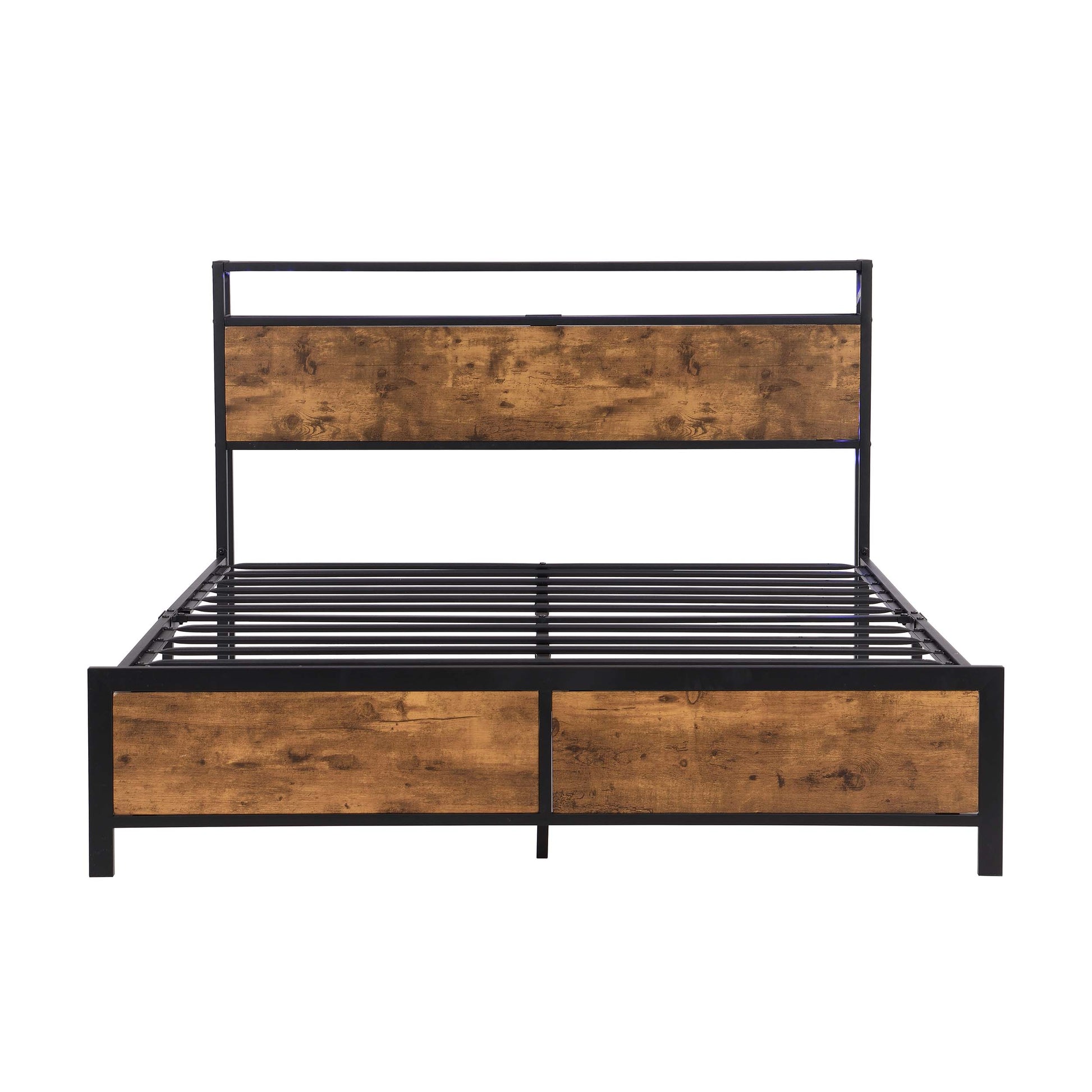 Industrial Full Bed Frame With Led Lights And 2 Usb Ports, Bed Frame Full Size With Storage, Noise Free, No Box Spring Needed, Rustic Brown Antique Brown Metal & Wood