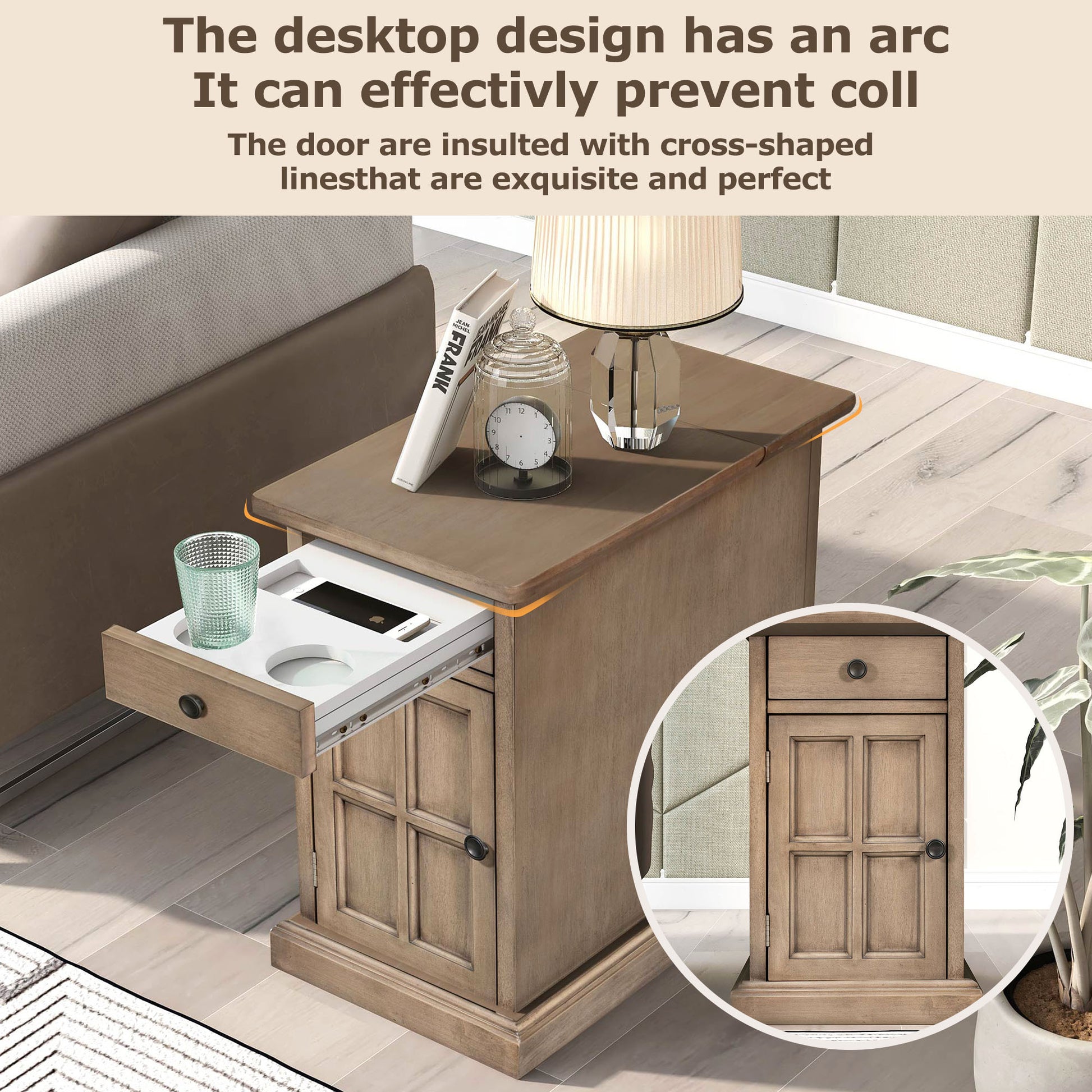Classic Vintage Livingroom End Table Side Table With Usb Ports And One Multifunctional Drawer With Cup Holders, Antique Brown Antique Brown Solid Wood