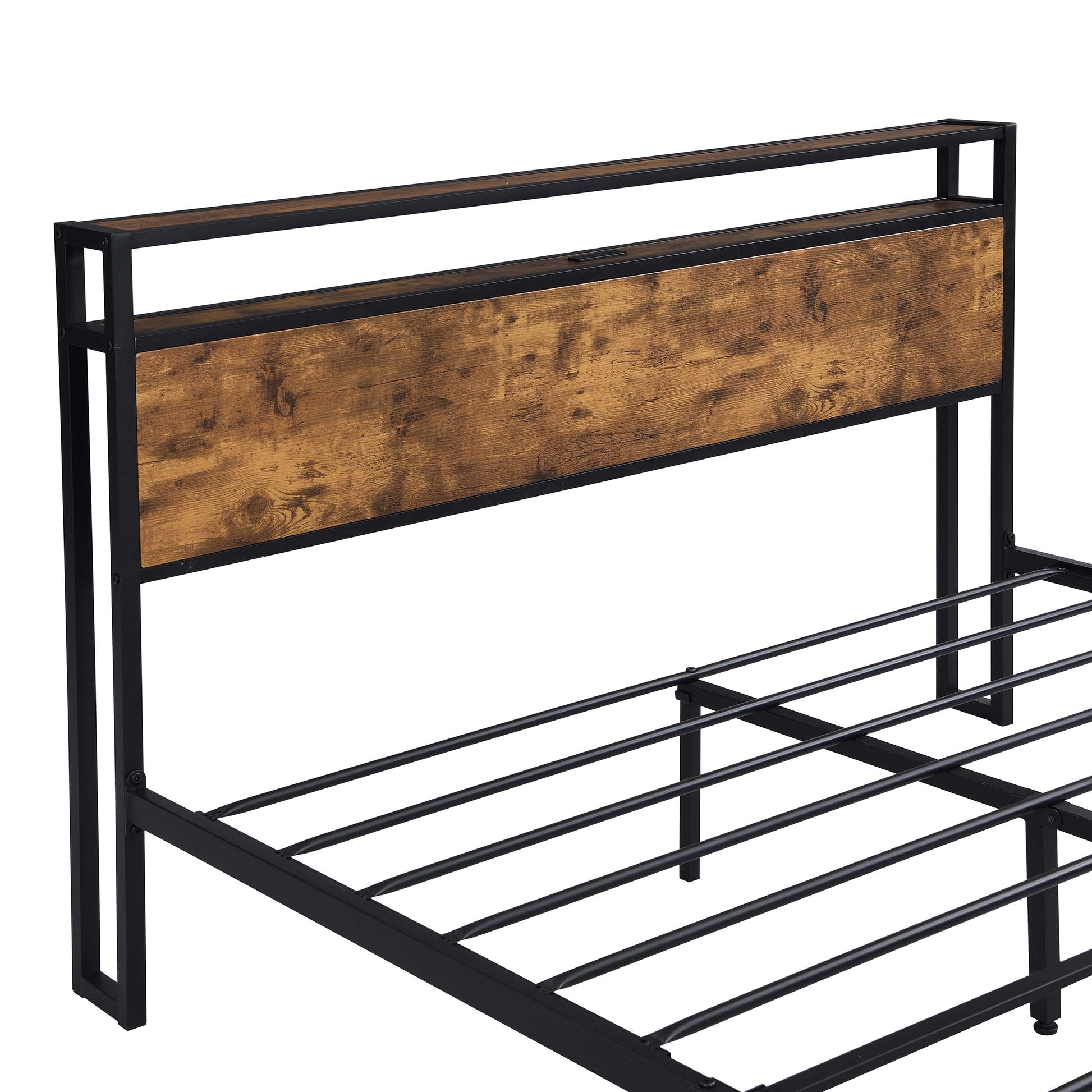 Industrial Full Bed Frame With Led Lights And 2 Usb Ports, Bed Frame Full Size With Storage, Noise Free, No Box Spring Needed, Rustic Brown Antique Brown Metal & Wood