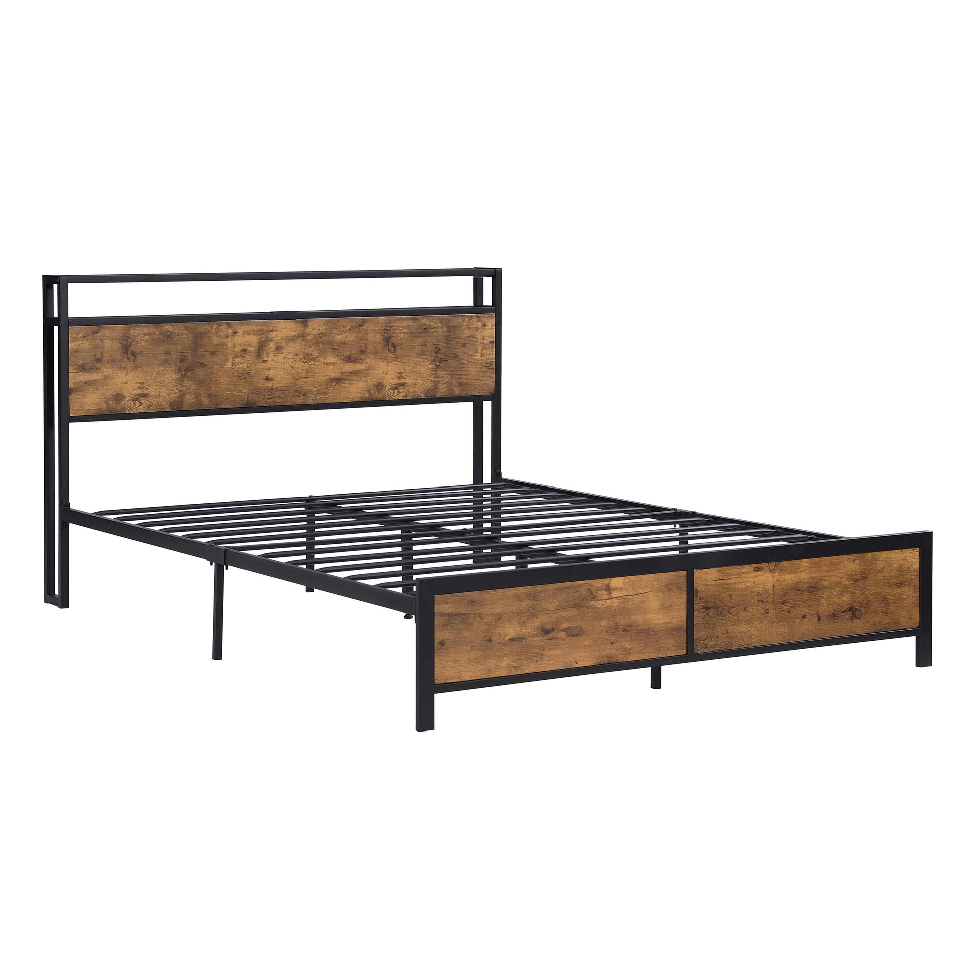 Industrial Full Bed Frame With Led Lights And 2 Usb Ports, Bed Frame Full Size With Storage, Noise Free, No Box Spring Needed, Rustic Brown Antique Brown Metal & Wood