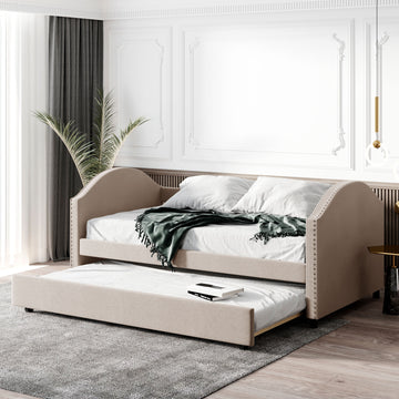 Full Size Upholstered Daybed With Twin Size Trundle, Wood Slat Support, Beige Old Sku :Lp000118Aaa Beige Upholstered