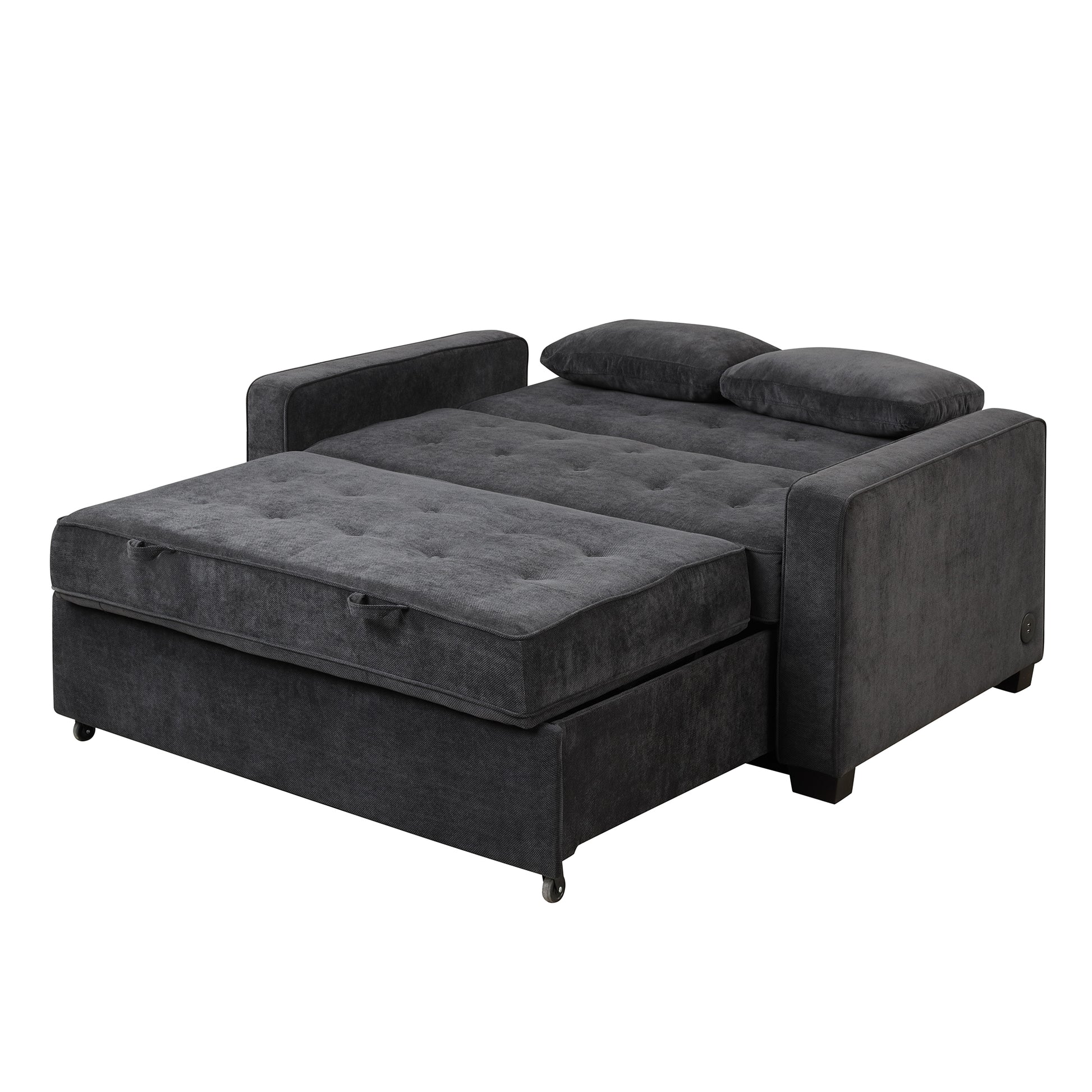 66.5" Upholstered Sleeper Bedpull Out Sofa Bed Couch Attached Two Throw Pillows,Dual Usb Charging Port And Adjustable Backrest For Living Room Space, Black Black Foam Polyester 2 Seat