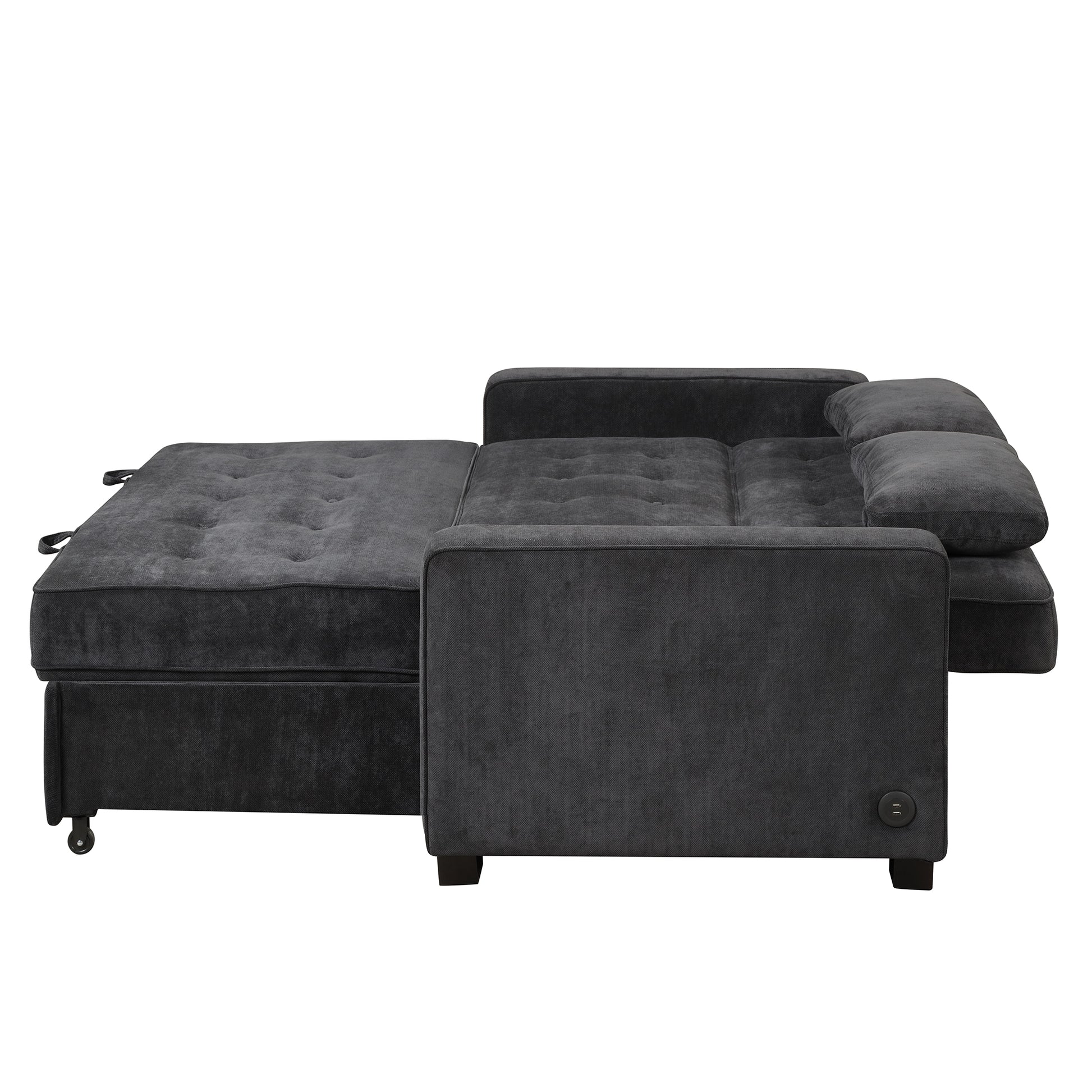 66.5" Upholstered Sleeper Bedpull Out Sofa Bed Couch Attached Two Throw Pillows,Dual Usb Charging Port And Adjustable Backrest For Living Room Space, Black Black Foam Polyester 2 Seat