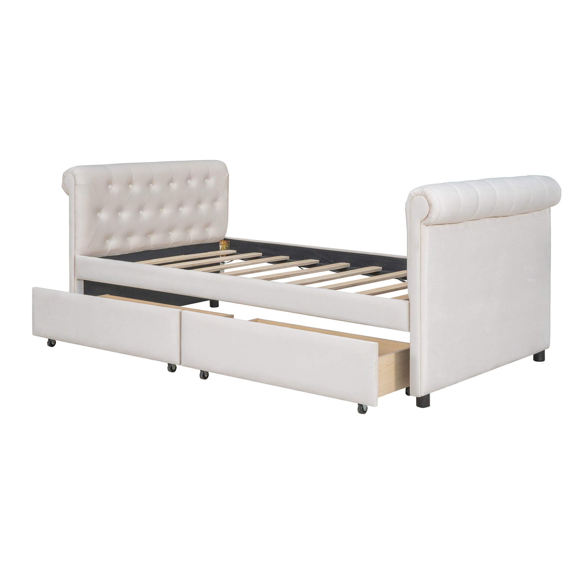 Twin Size Upholstered Daybed With Drawers, Wood Slat Support, Beige Old Sku :Lp000117Aaa Twin Beige Upholstered