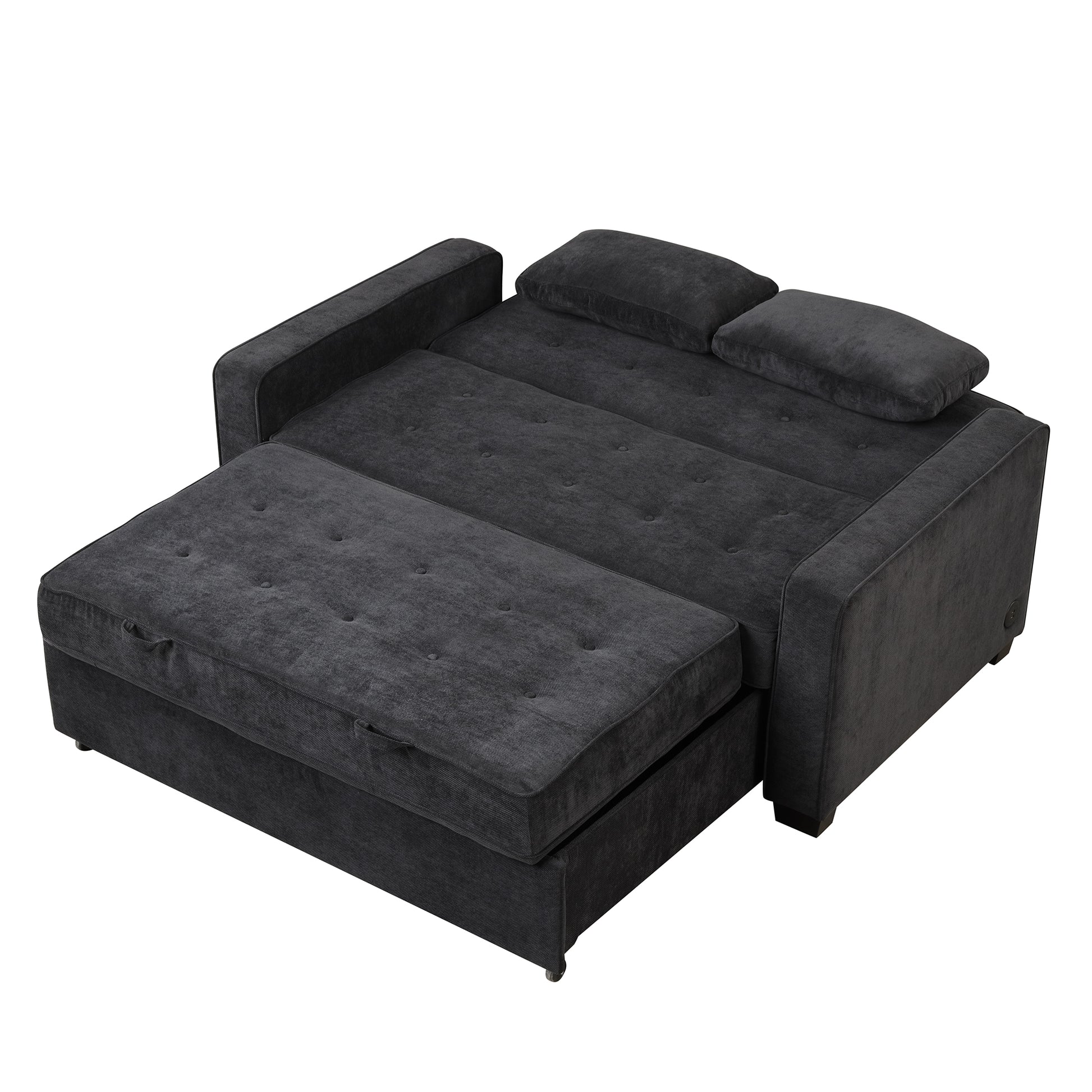 66.5" Upholstered Sleeper Bedpull Out Sofa Bed Couch Attached Two Throw Pillows,Dual Usb Charging Port And Adjustable Backrest For Living Room Space, Black Black Foam Polyester 2 Seat