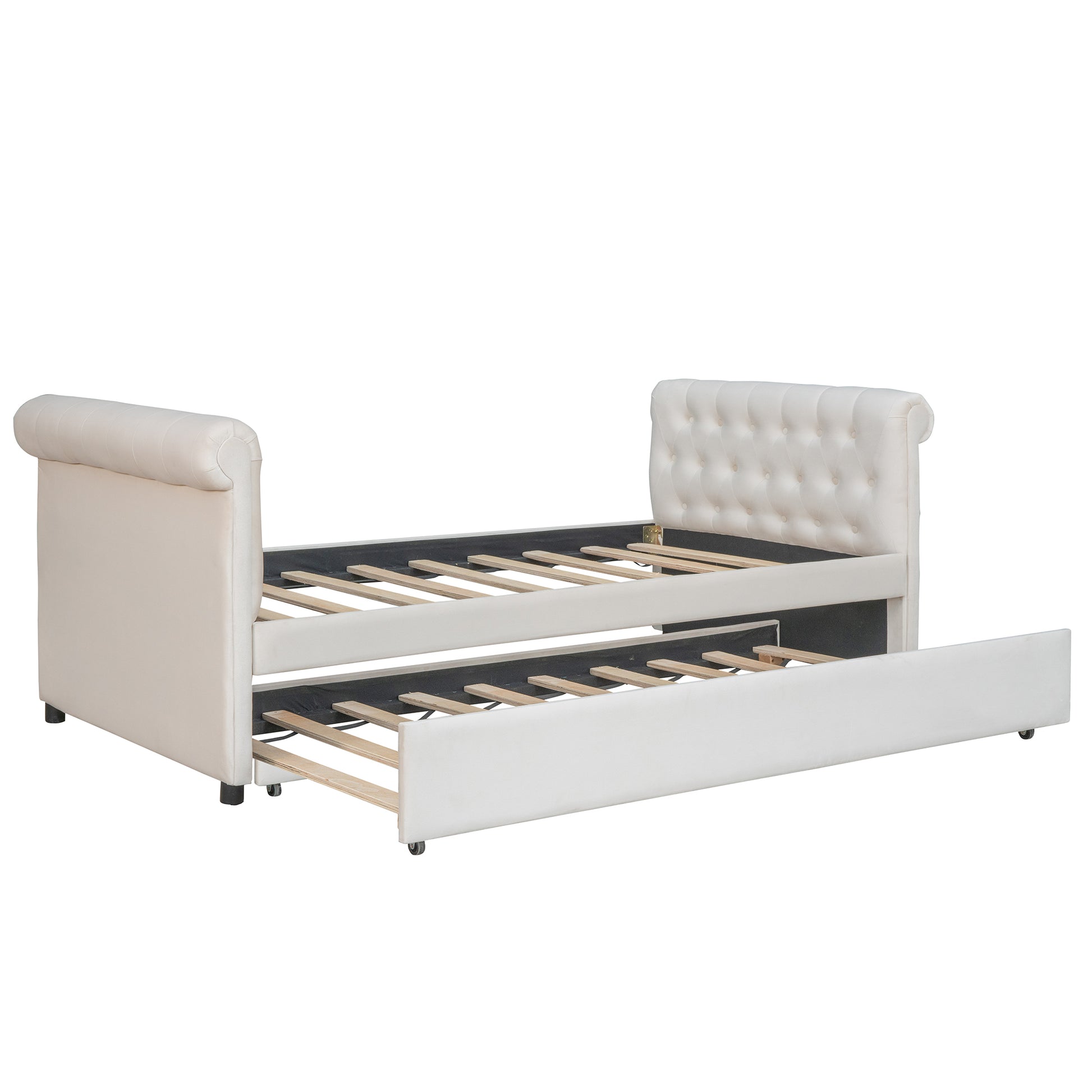 Twin Size Upholstered Daybed With Trundle, Wood Slat Support, Beige Old Sku :Lp000116Aaa Beige Upholstered