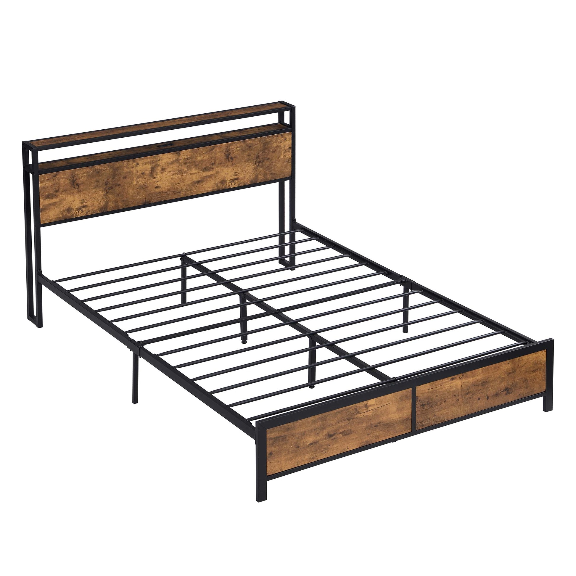 Industrial Full Bed Frame With Led Lights And 2 Usb Ports, Bed Frame Full Size With Storage, Noise Free, No Box Spring Needed, Rustic Brown Antique Brown Metal & Wood