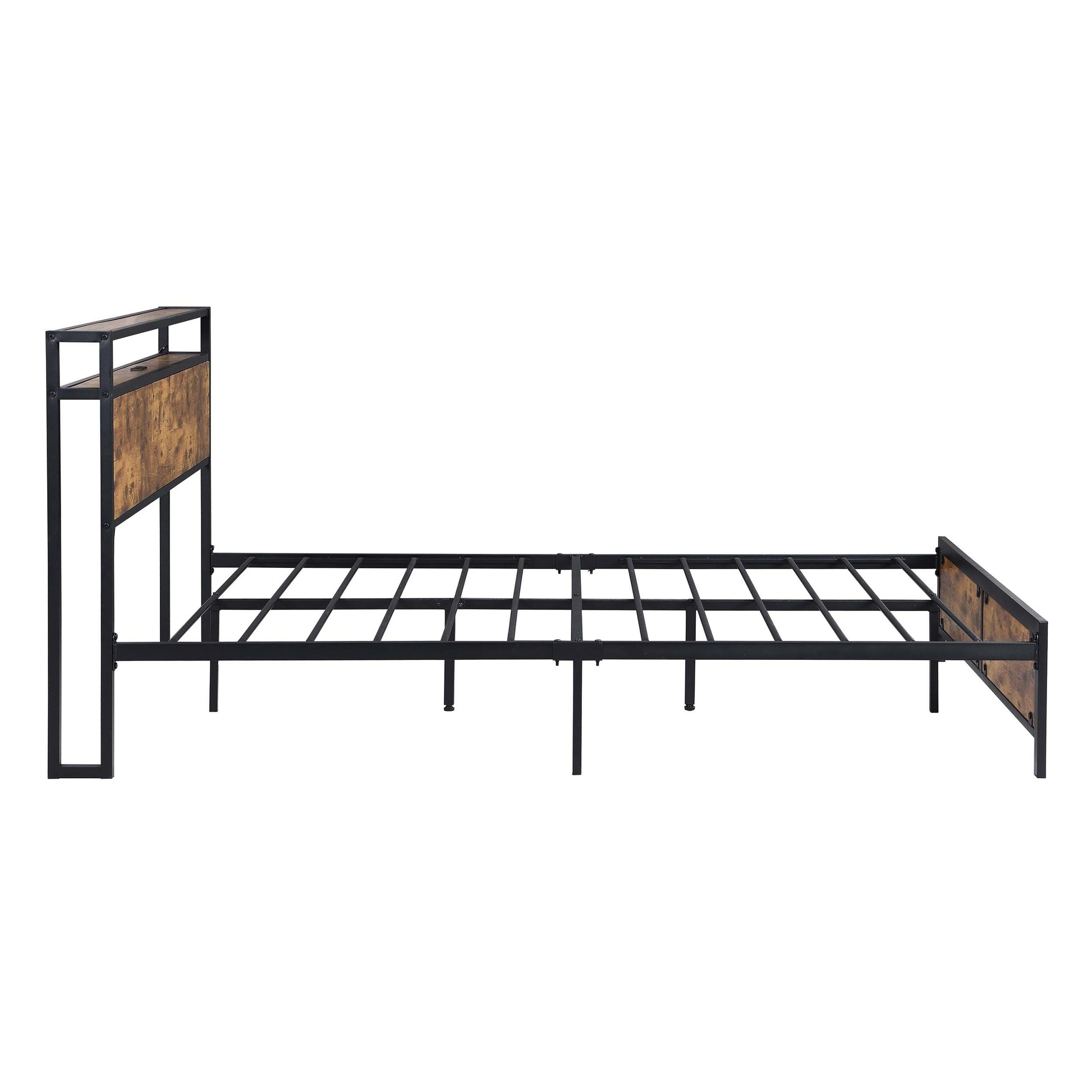 Industrial Queen Bed Frame With Led Lights And 2 Usb Ports, Bed Frame Queen Size With Storage, Noise Free, No Box Spring Needed, Rustic Brown Queen Antique Brown Metal & Wood